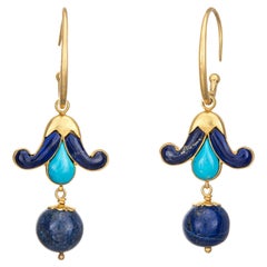 Turquoise Lapis Lazuli Earrings Vintage 18k Yellow Gold Long Drops Jewelry