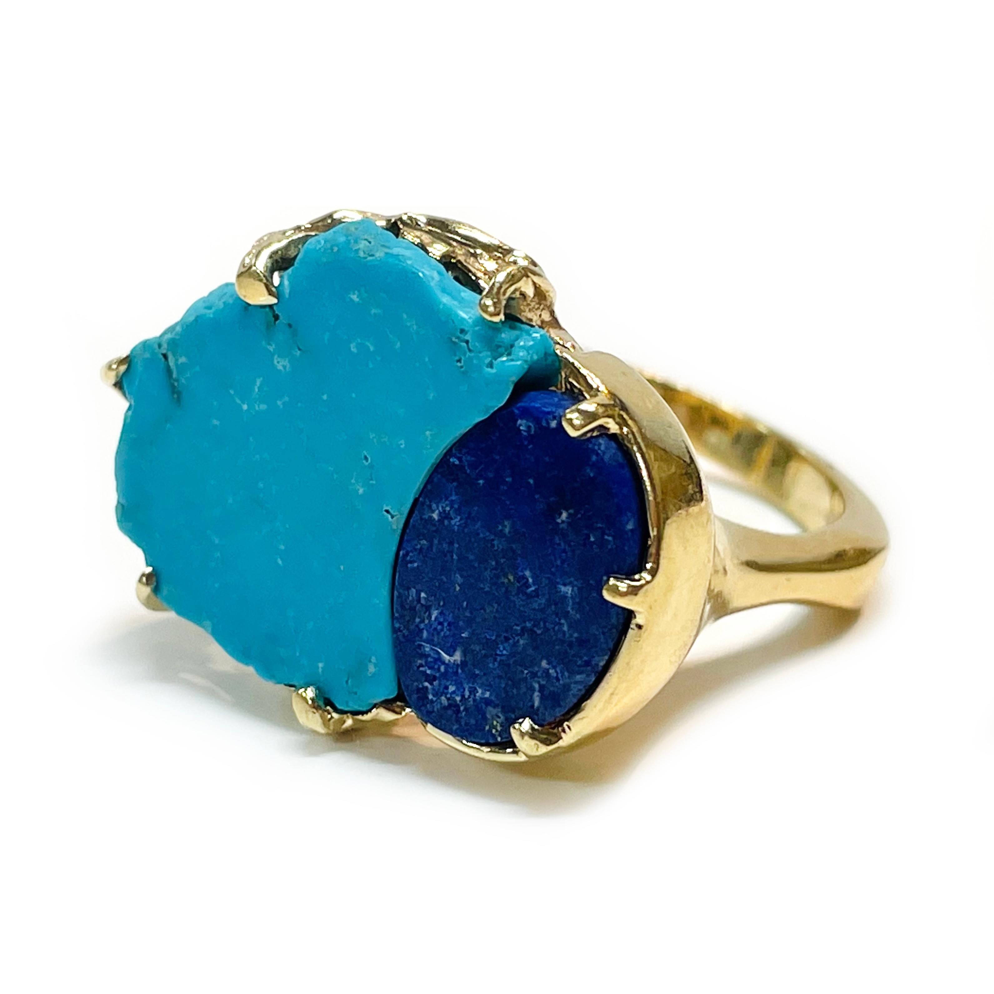 Turquoise Lapis Lazuli 14K Yellow Gold Free-Form Cocktail Ring. The ring features a flat free-form turquoise and a flat free-form Lapis Lazuli, together they measure approximately 23.5 x 18.6mm. The gallery and band is organic with branch-like