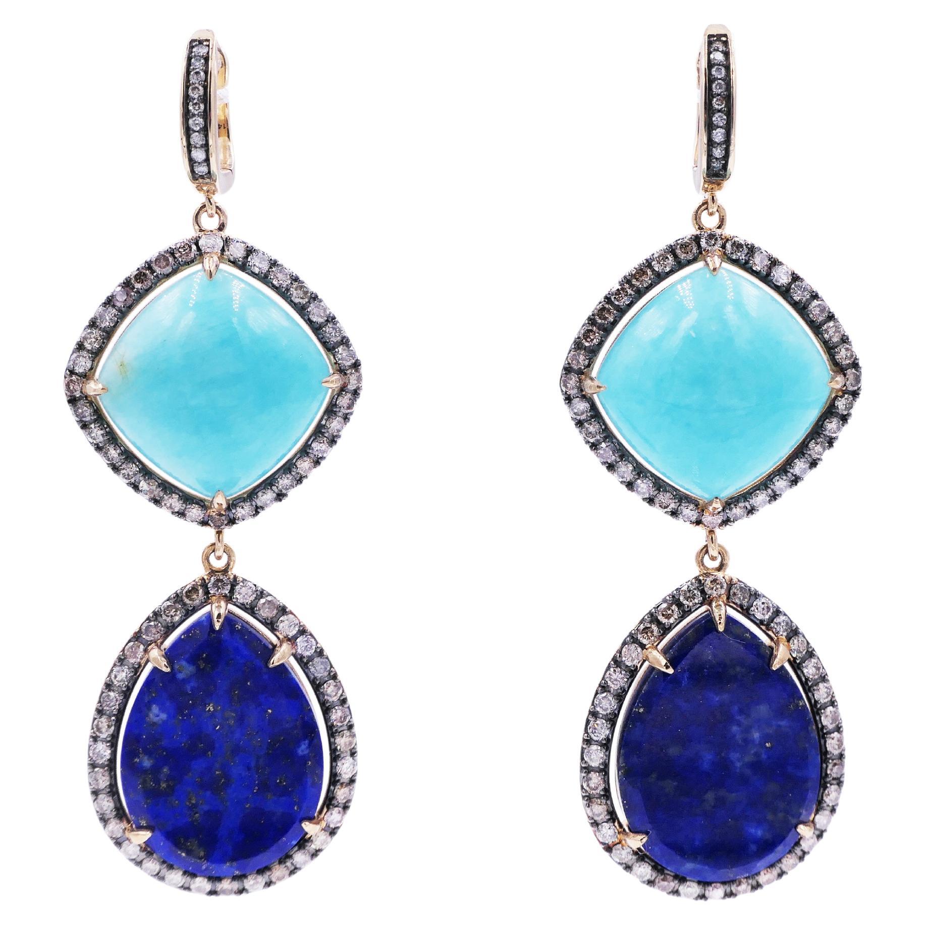 Turquoise Lapis Lazuli Silver Cognac Halo Diamonds 14K Yellow Gold Drop Earrings
14 Karat Yellow Gold
2.00 CT Diamonds
Turquoise & Lapis Lazuli Cabochon Gemstones

Important Information:
Please note that this item will take 2-4 weeks to deliver - it