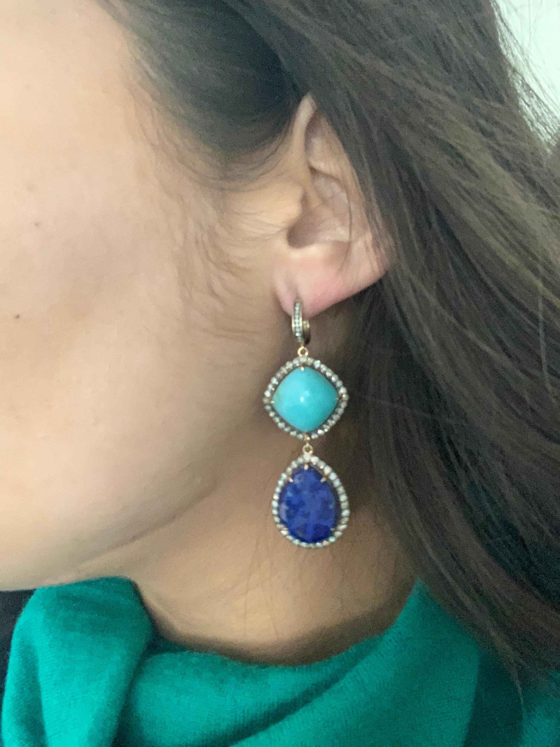 Turquoise Lapis Lazuli Silver Cognac Halo Diamonds 14k Yellow Gold Drop Earrings In New Condition For Sale In Oakton, VA