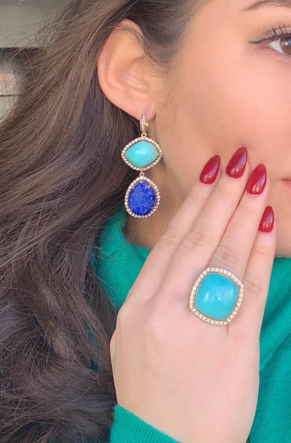 Women's Turquoise Lapis Lazuli Silver Cognac Halo Diamonds 14k Yellow Gold Drop Earrings For Sale