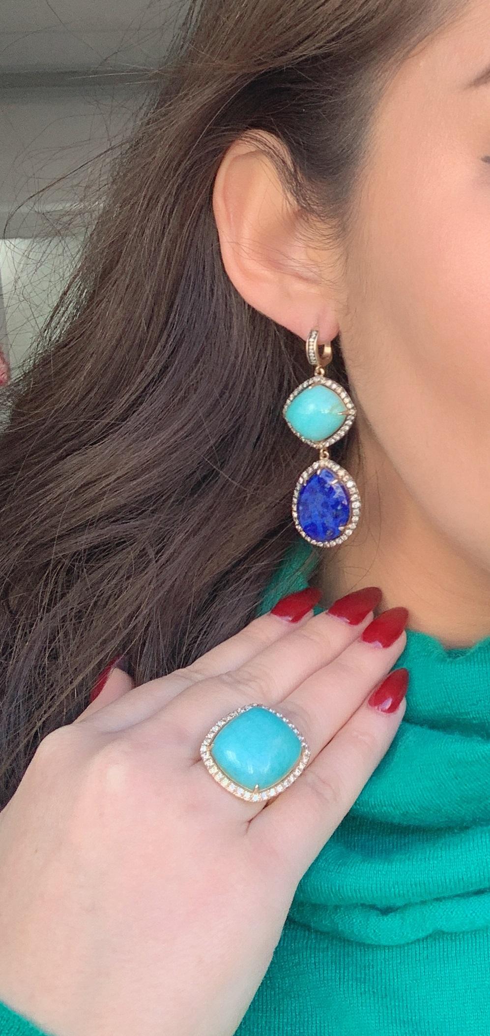 Turquoise Lapis Lazuli Silver Cognac Halo Diamonds 14k Yellow Gold Drop Earrings For Sale 3
