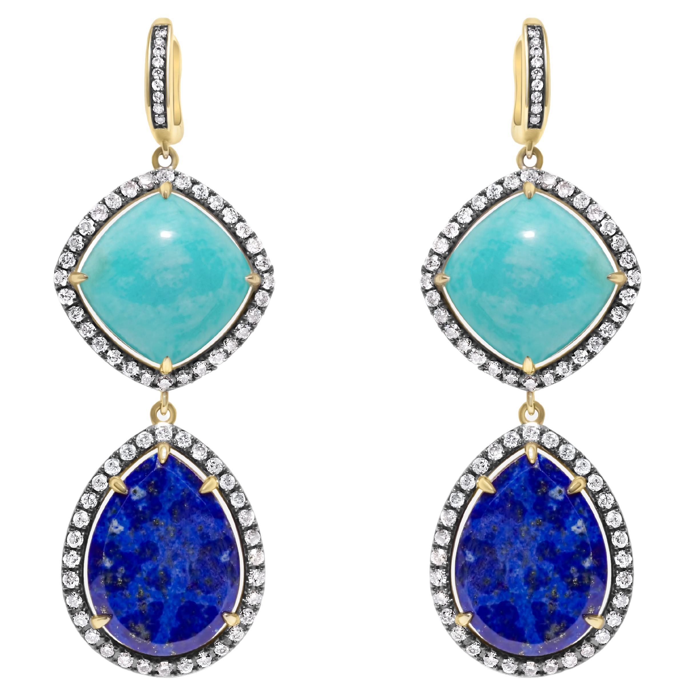 Turquoise Lapis Lazuli Silver Cognac Halo Diamonds 14k Yellow Gold Drop Earrings