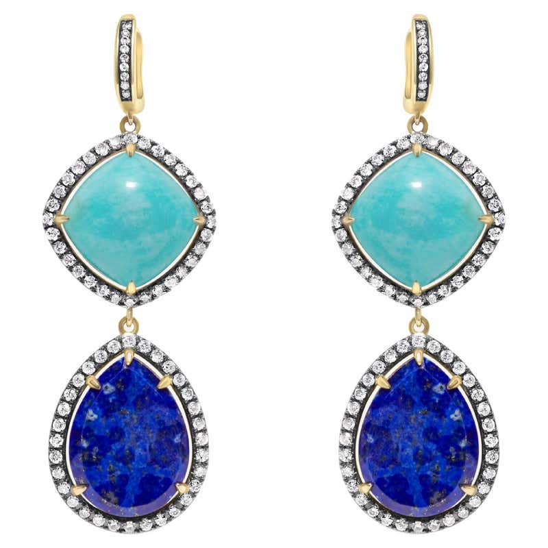 Art Deco Style Lapis Lazuli Gold Turquoise Diamonds Blue Enamel Drop ...