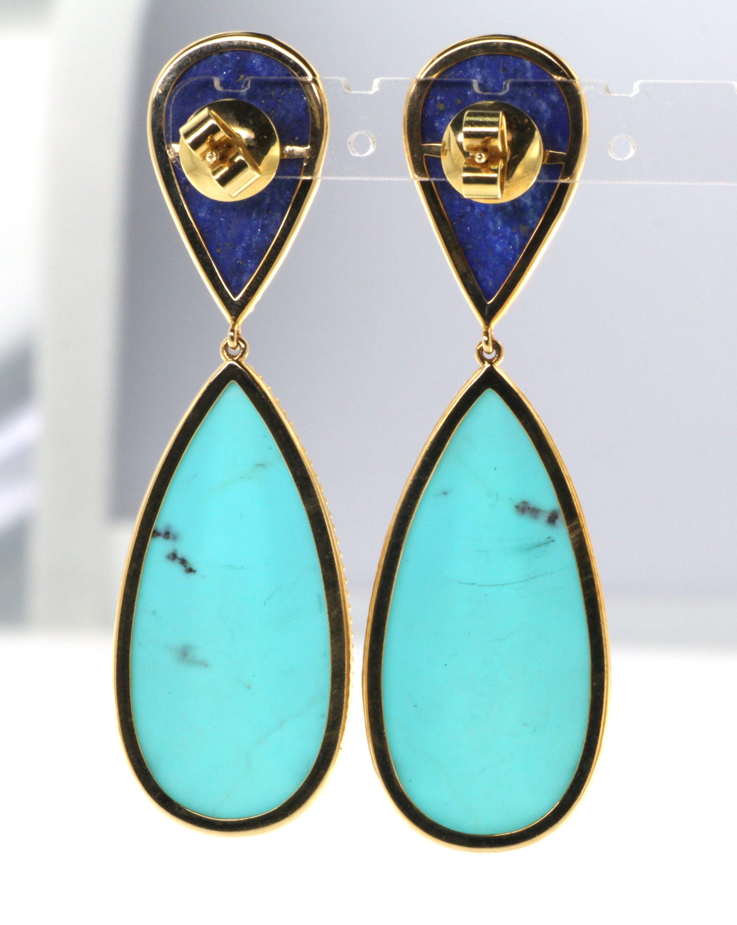Retro Turquoise Lapis Quartz Doublet Dangle Earrings in 18 Karat Yellow Gold