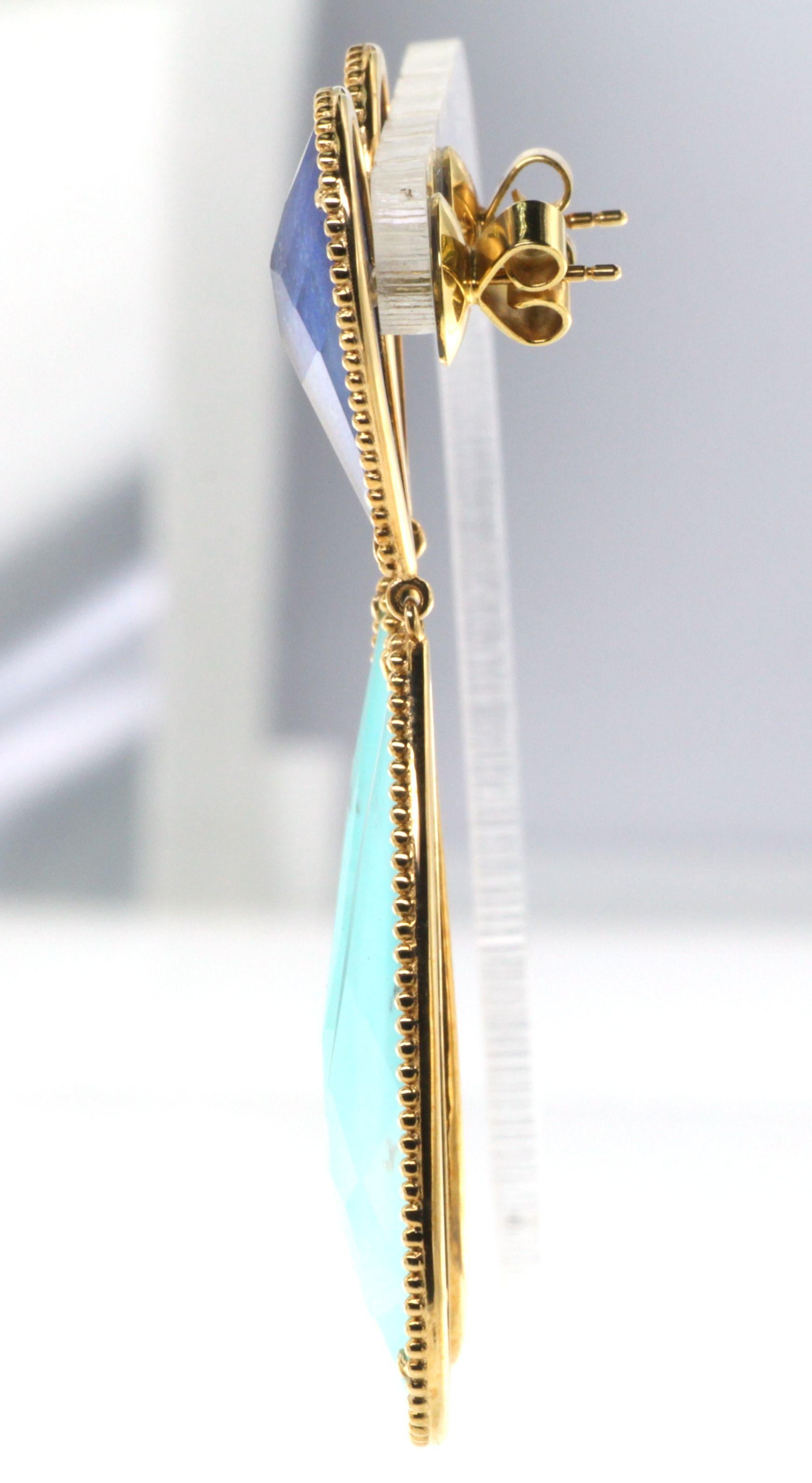 Pear Cut Turquoise Lapis Quartz Doublet Dangle Earrings in 18 Karat Yellow Gold