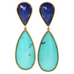 Turquoise Lapis Quartz Doublet Dangle Earrings in 18 Karat Yellow Gold