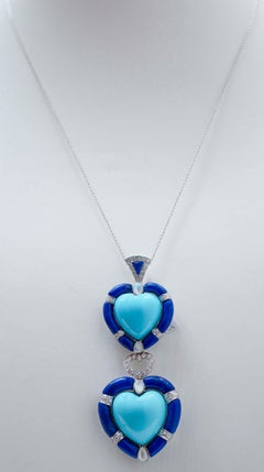 Turquoise, Lapis, White Stones, Diamonds, 18 Karat White Gold Pendant Necklace.