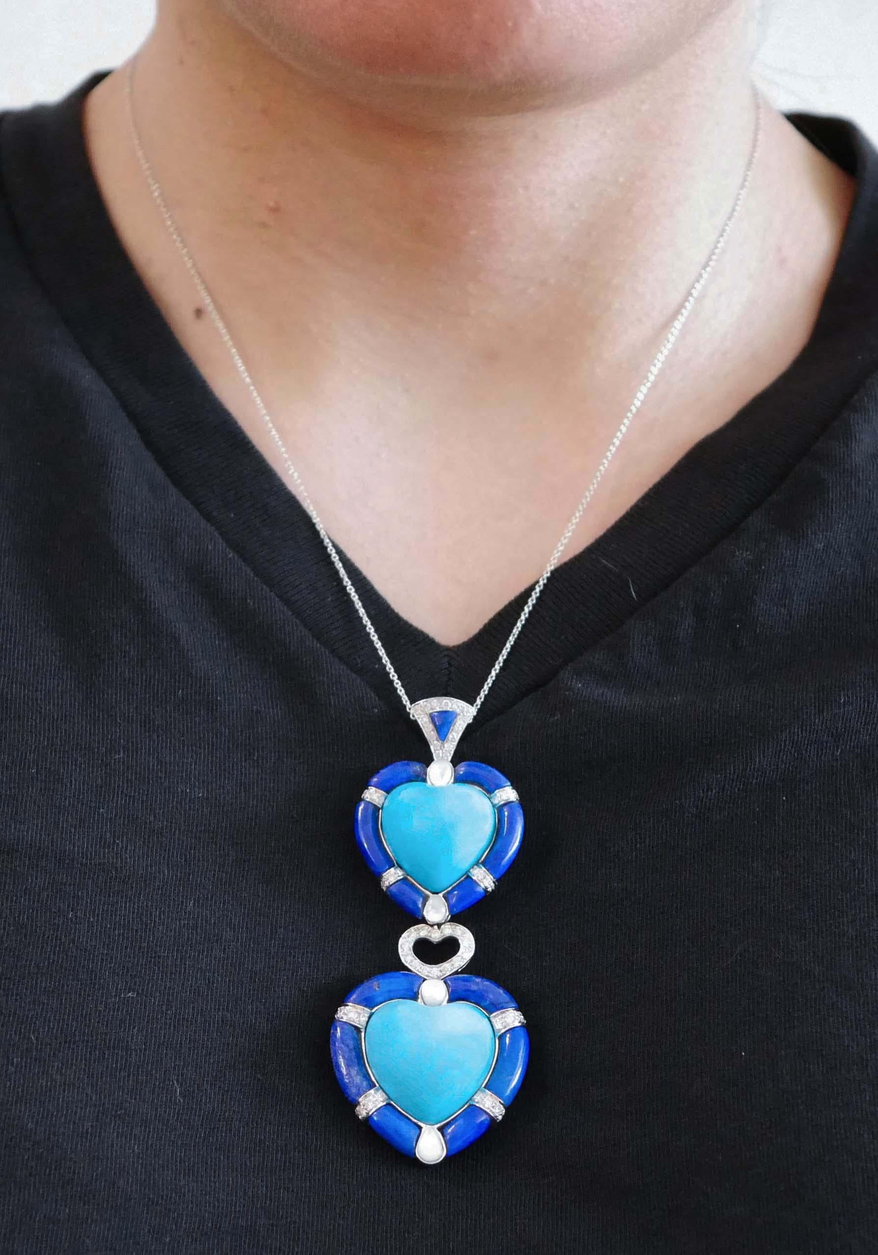 Women's Turquoise, Lapis, White Stones, Diamonds, 18 Karat White Gold Pendant Necklace. For Sale