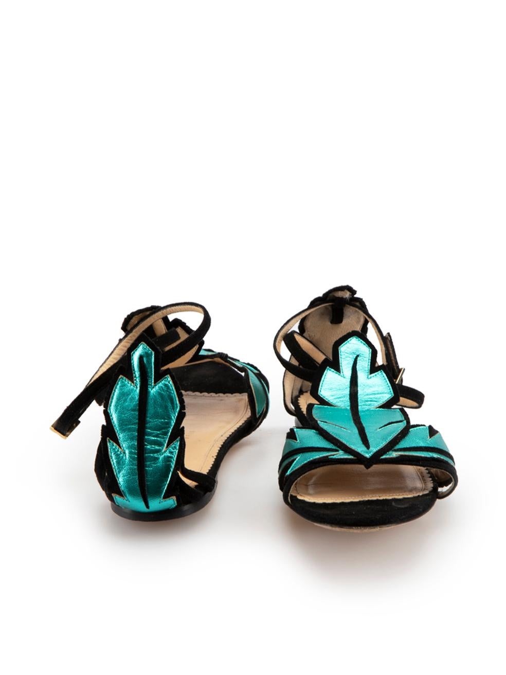 Black Turquoise Leather Leaf Sandals Size IT 37 For Sale