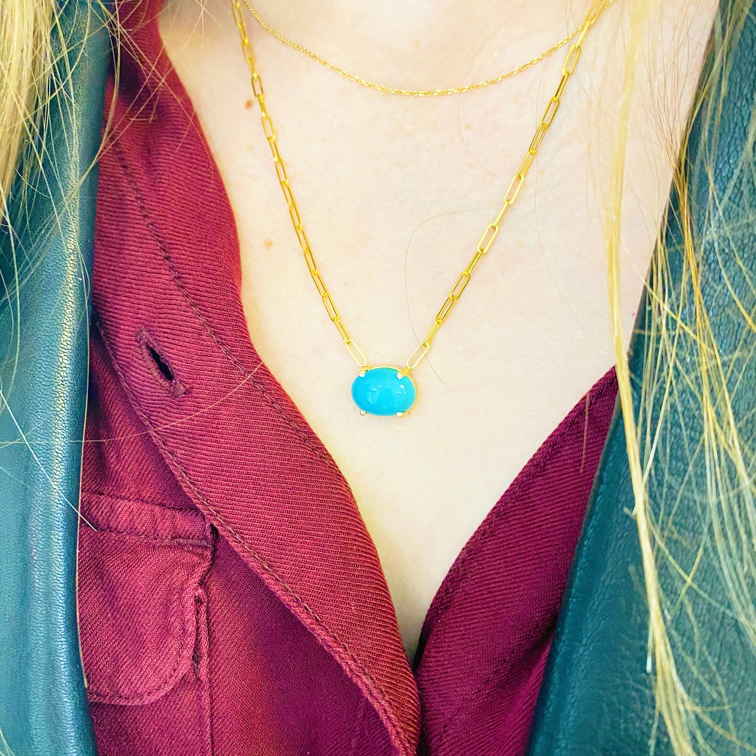 This gorgeous turquoise pendant gracing a stylish 14k gold paperclip chain is sure to put a smile on anyone's face! This necklace looks beautiful worn by itself and also looks wonderful in a necklace stack. This necklace would make a wonderful gift