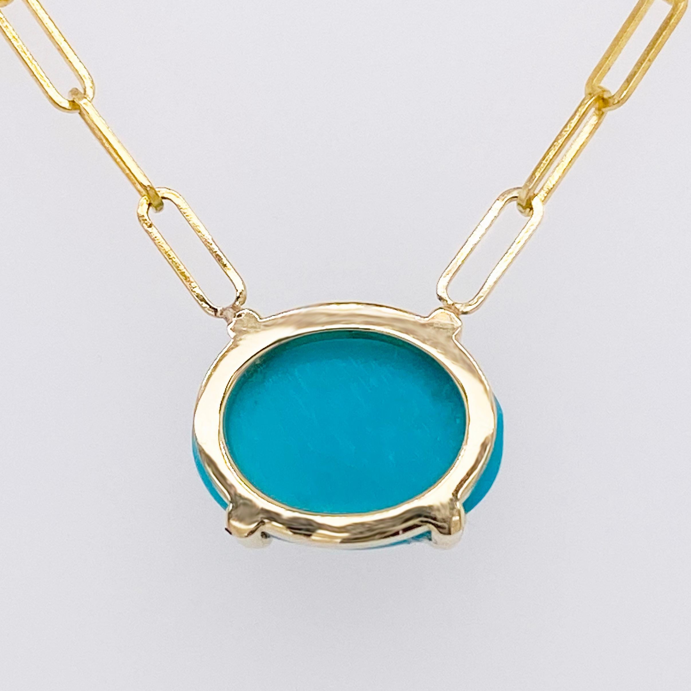 Oval Cut Turquoise Link Necklace, 14K Gold Paperclip Chain, Paper Clip Necklace, Pendant For Sale
