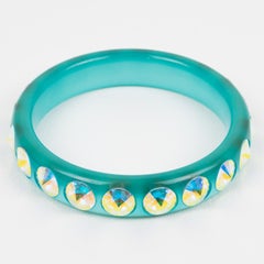 Turquoise Lucite Bracelet Bangle with AB Rhinestones
