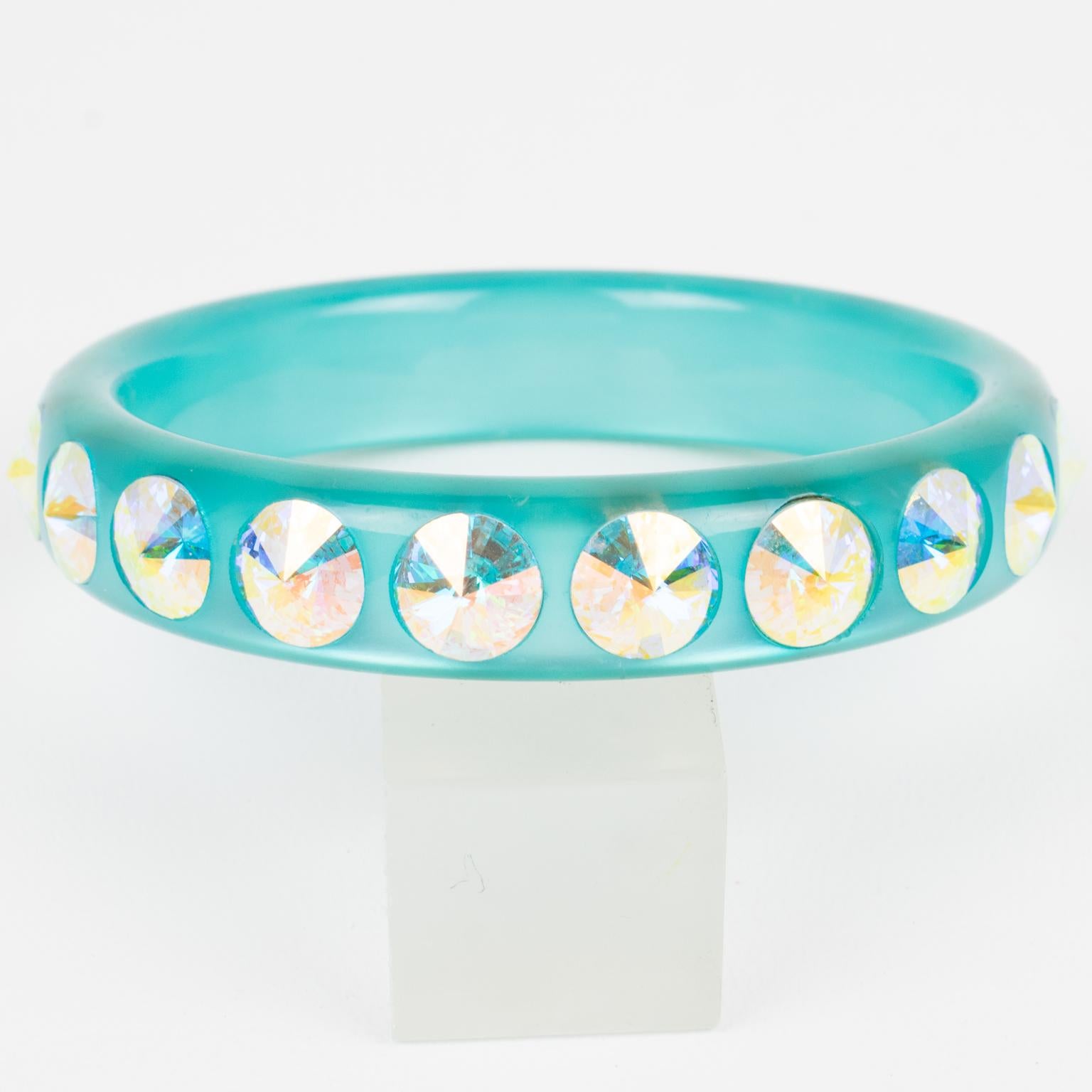 Modern Turquoise Lucite Bracelet Bangle with AB Rhinestones For Sale