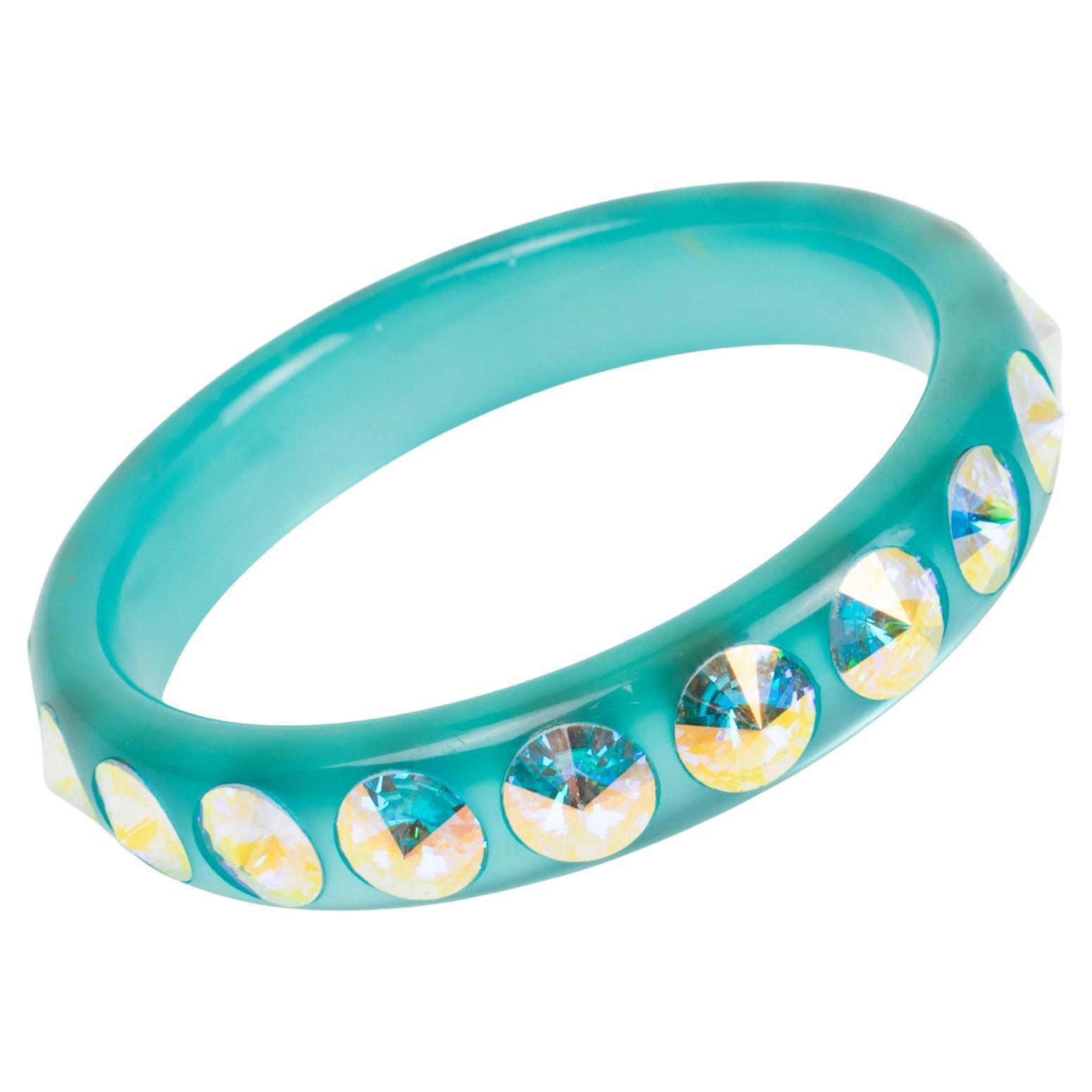 Turquoise Lucite Bracelet Bangle with AB Rhinestones For Sale