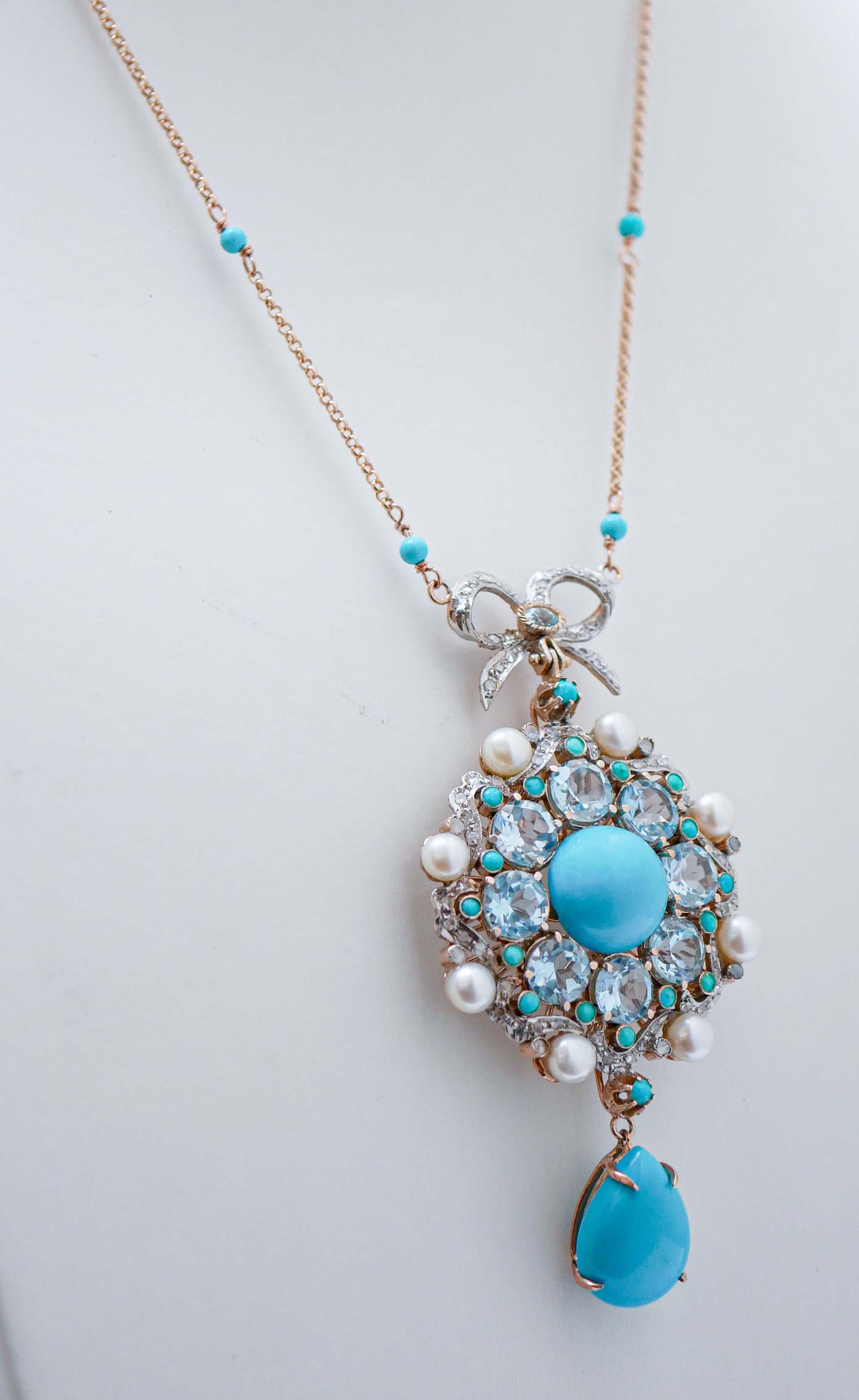 Retro Turquoise, Magnesite, Aquamarine Colour Topazs, Diamonds, Pearls,  Necklace.