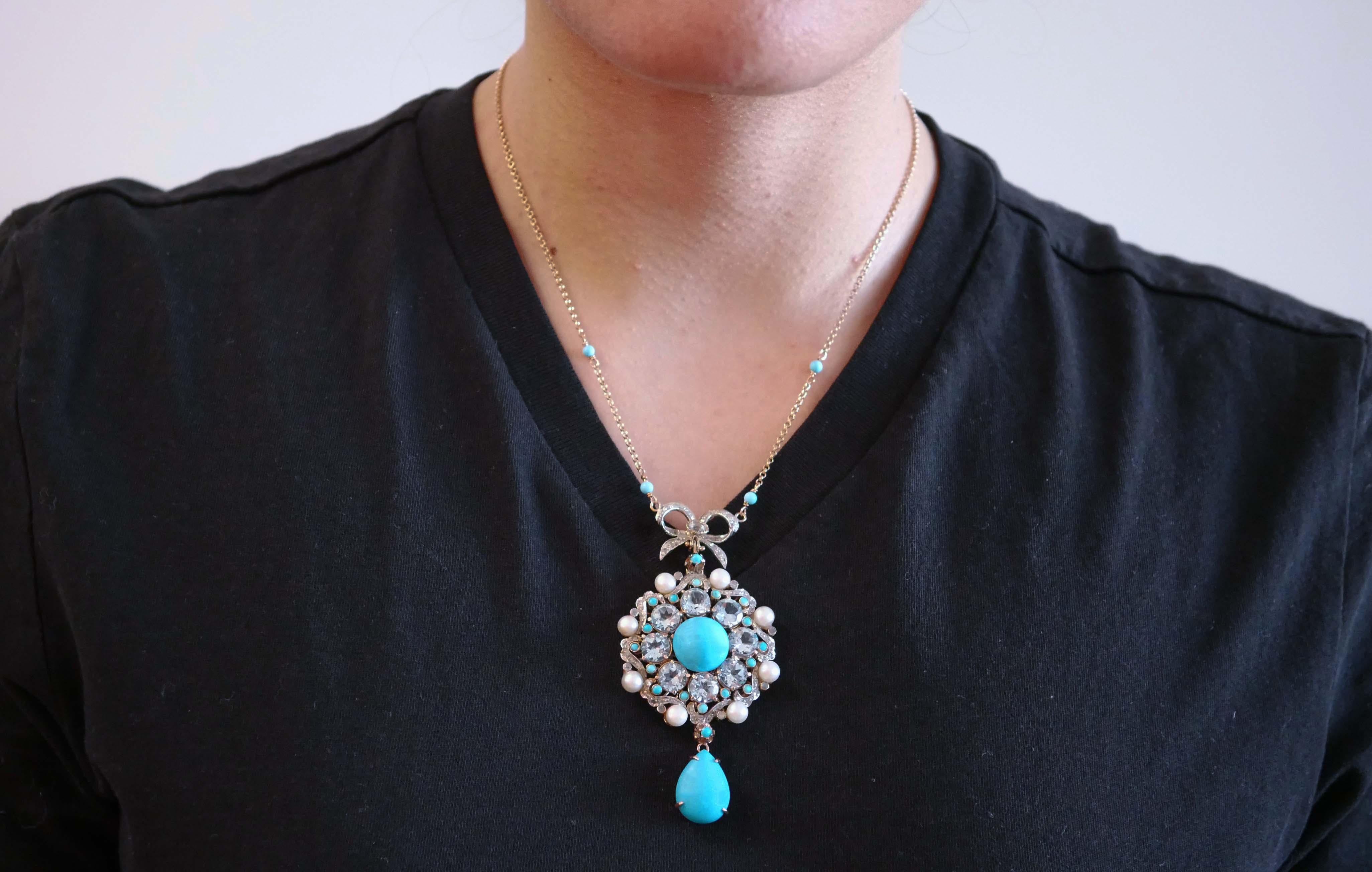 Turquoise, Magnesite, Aquamarine Colour Topazs, Diamonds, Pearls,  Necklace. In Good Condition In Marcianise, Marcianise (CE)