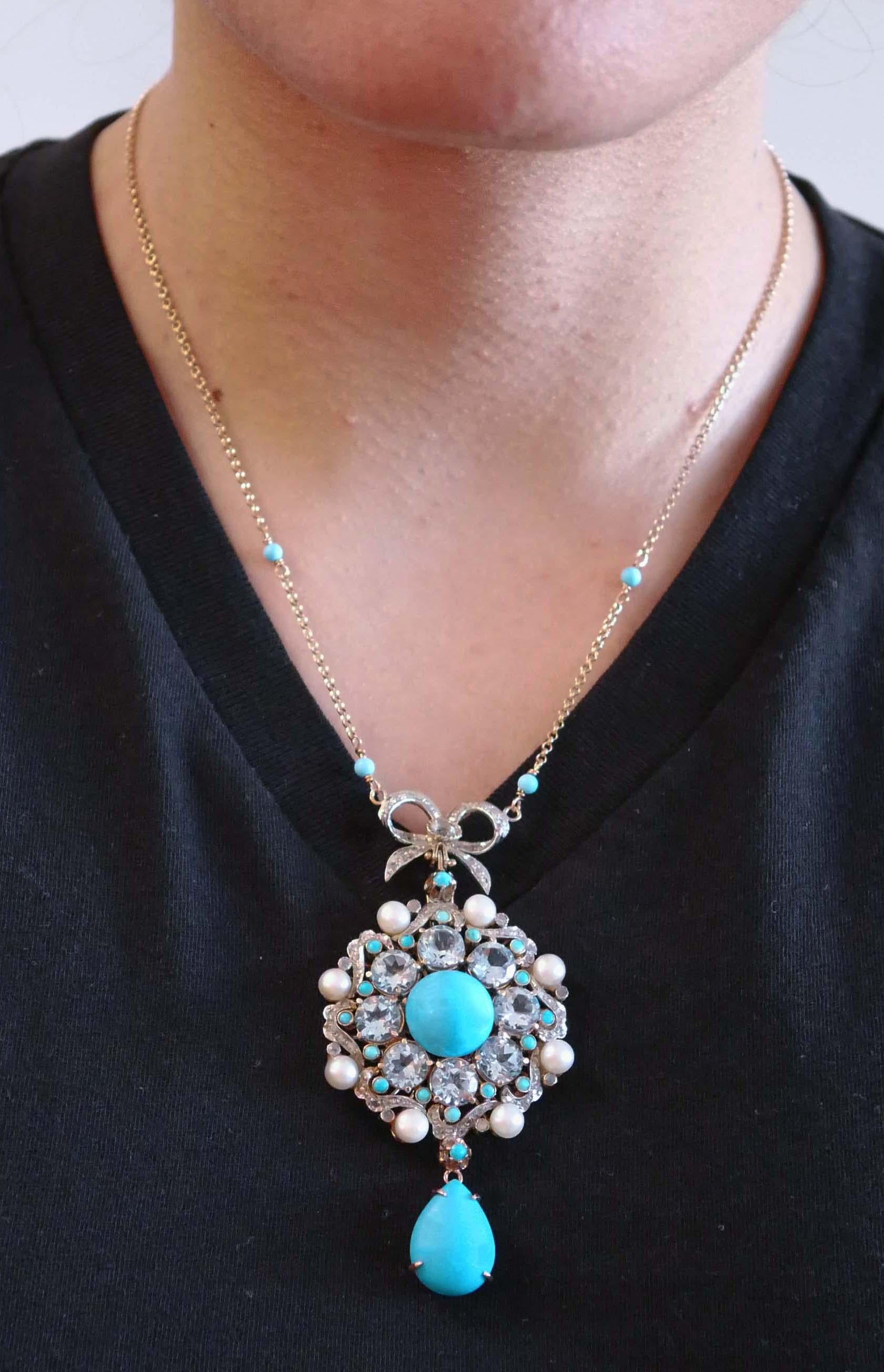 Women's Turquoise, Magnesite, Aquamarine Colour Topazs, Diamonds, Pearls,  Necklace.