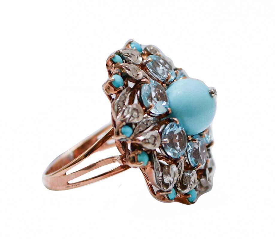Retro Turquoise, Magnesite, Diamonds, Topaz, 14 Karat Rose Gold and Silver Ring. For Sale