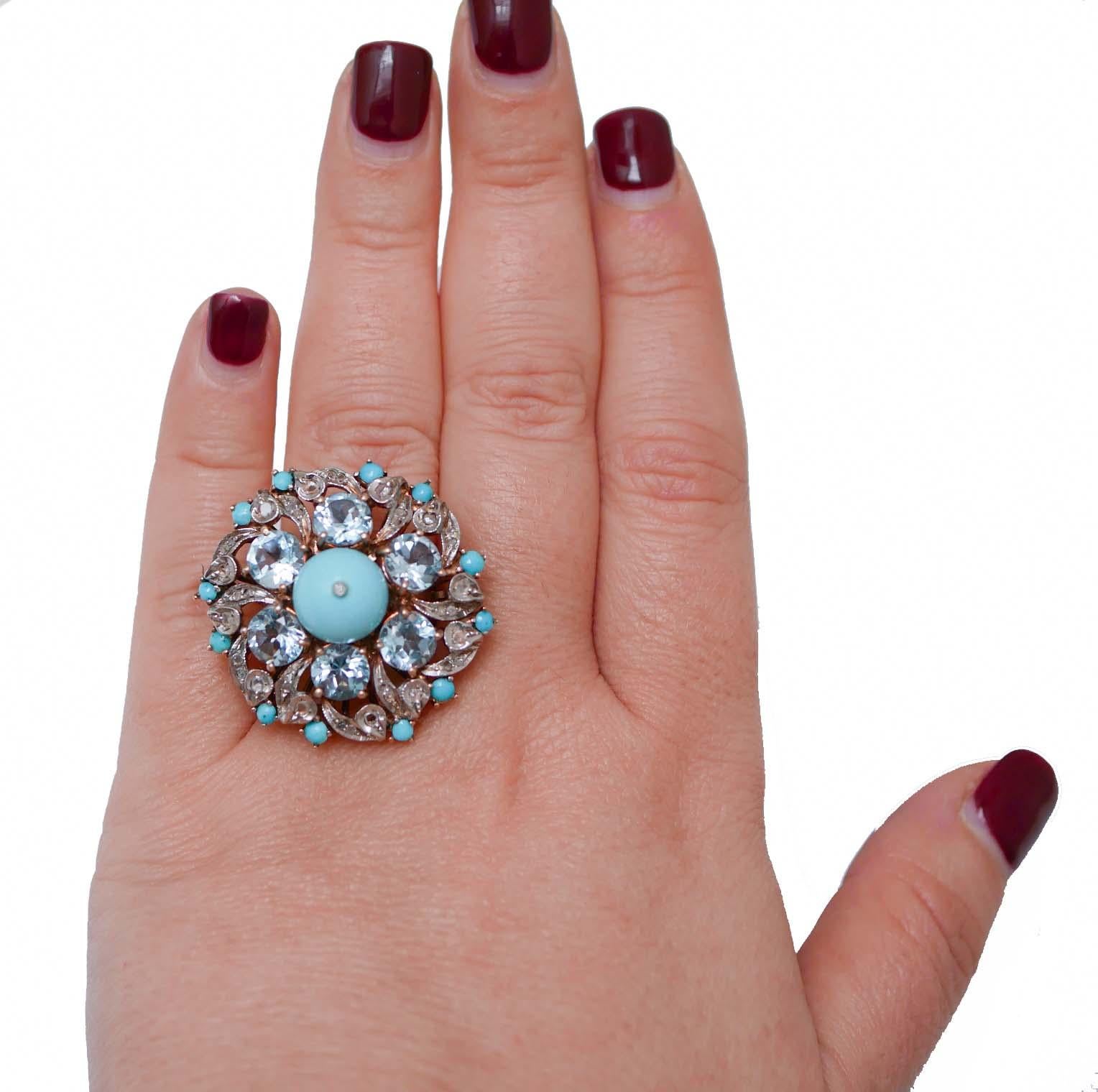 Mixed Cut Turquoise, Magnesite, Diamonds, Topaz, 14 Karat Rose Gold and Silver Ring. For Sale