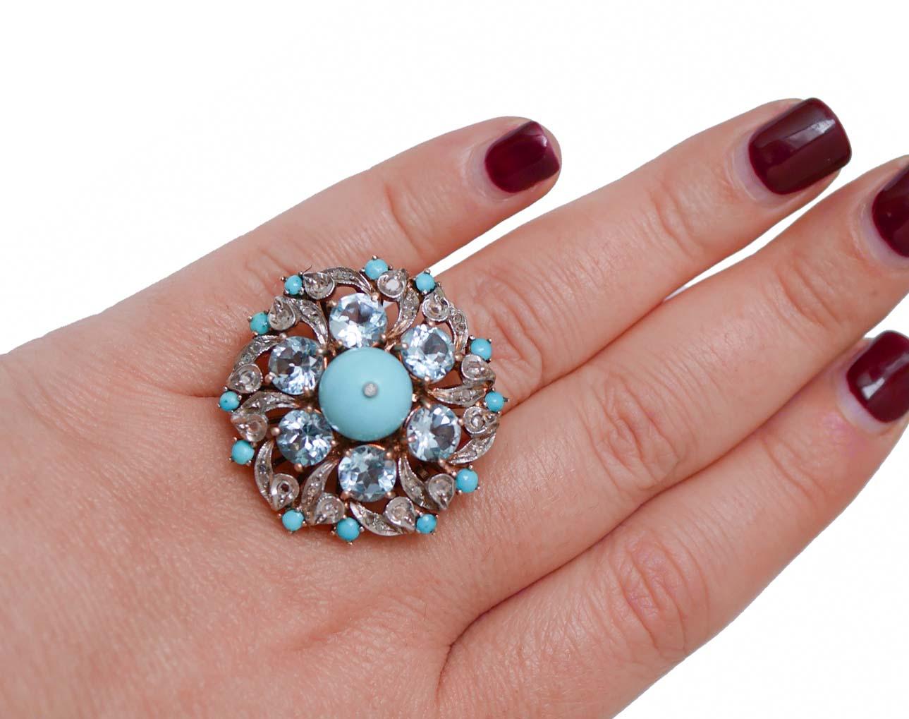Turquoise, Magnesite, Diamonds, Topaz, 14 Karat Rose Gold and Silver Ring. In Good Condition For Sale In Marcianise, Marcianise (CE)
