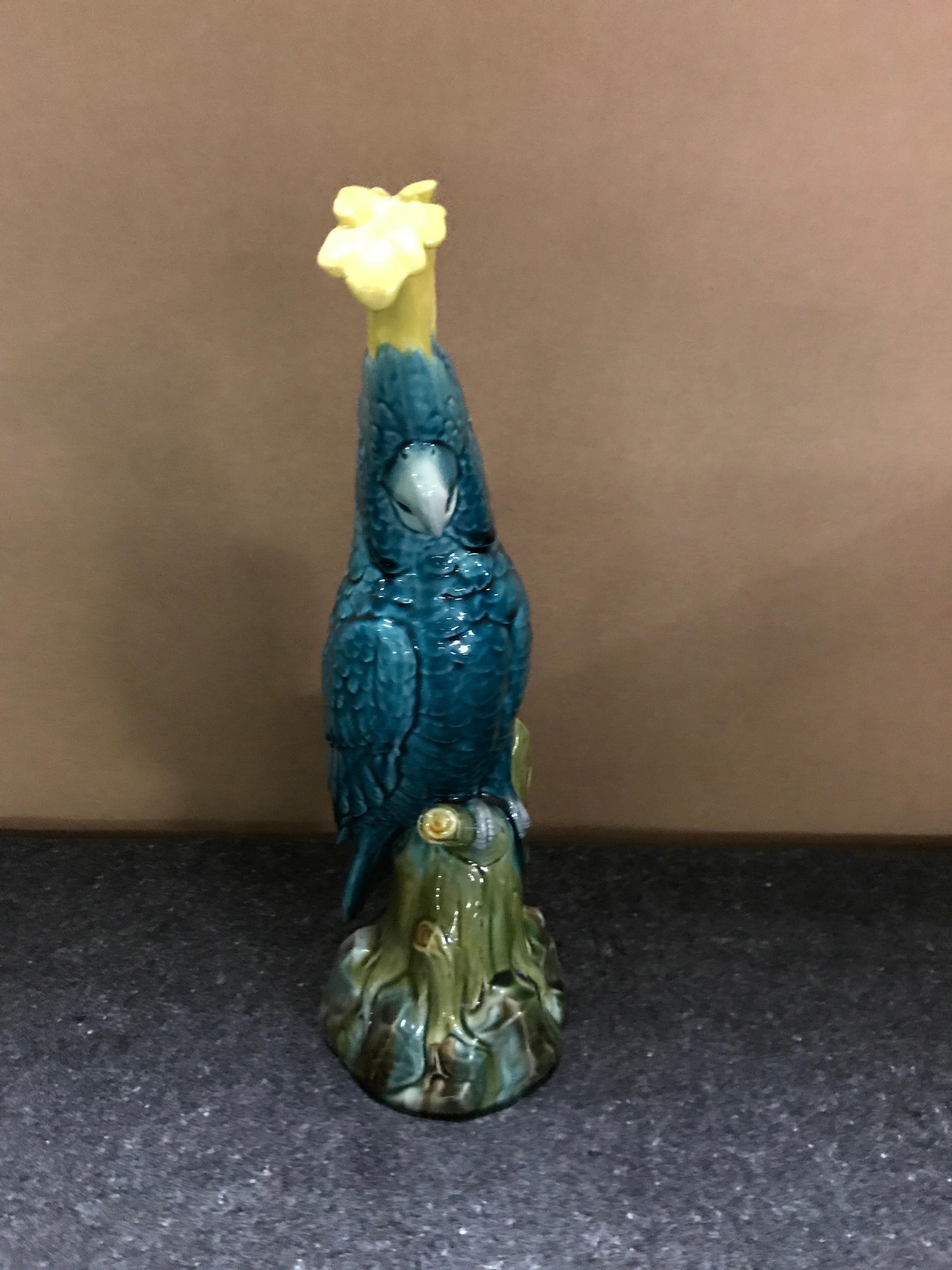 English Turquoise Majolica Cockatoo by Mintons