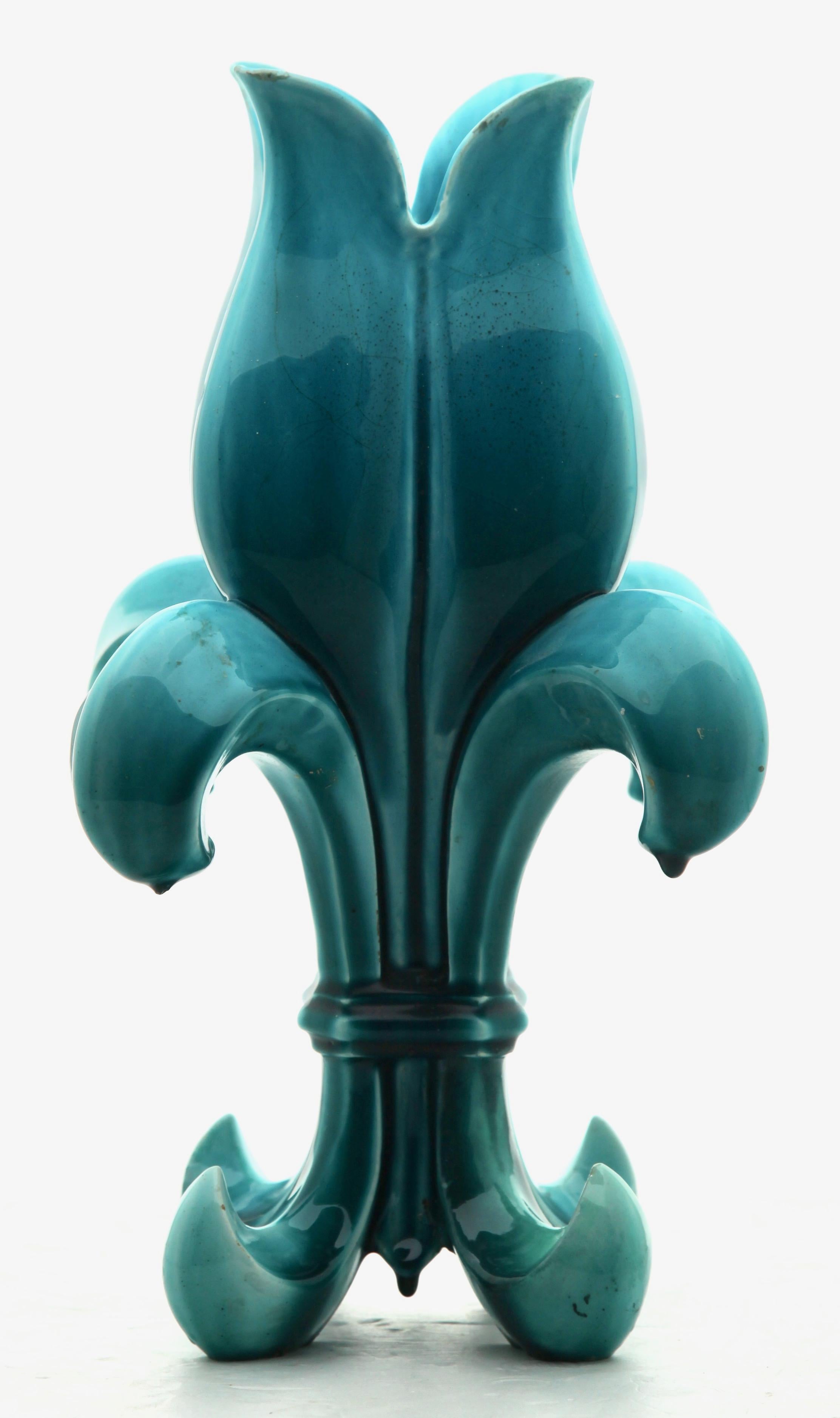 Art Nouveau Turquoise Majolica Fleur Lys Double Jerome Massier Vallauris