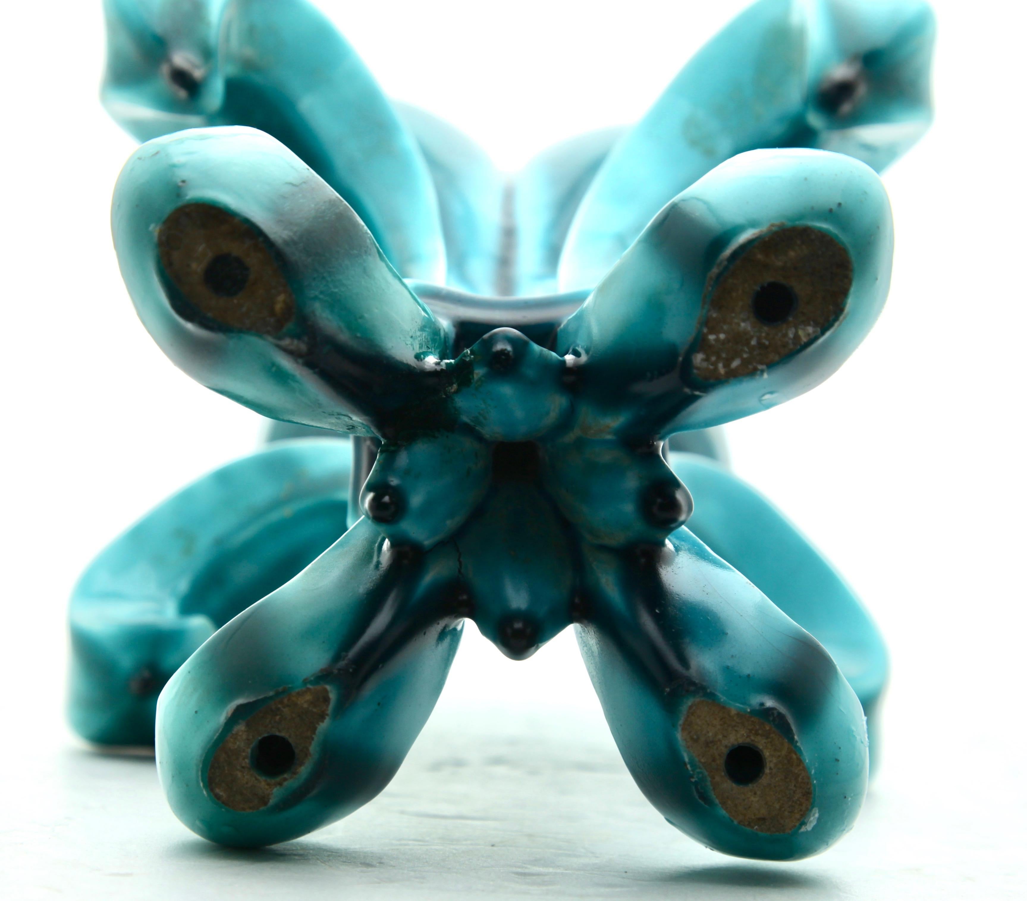 Glazed Turquoise Majolica Fleur Lys Double Jerome Massier Vallauris