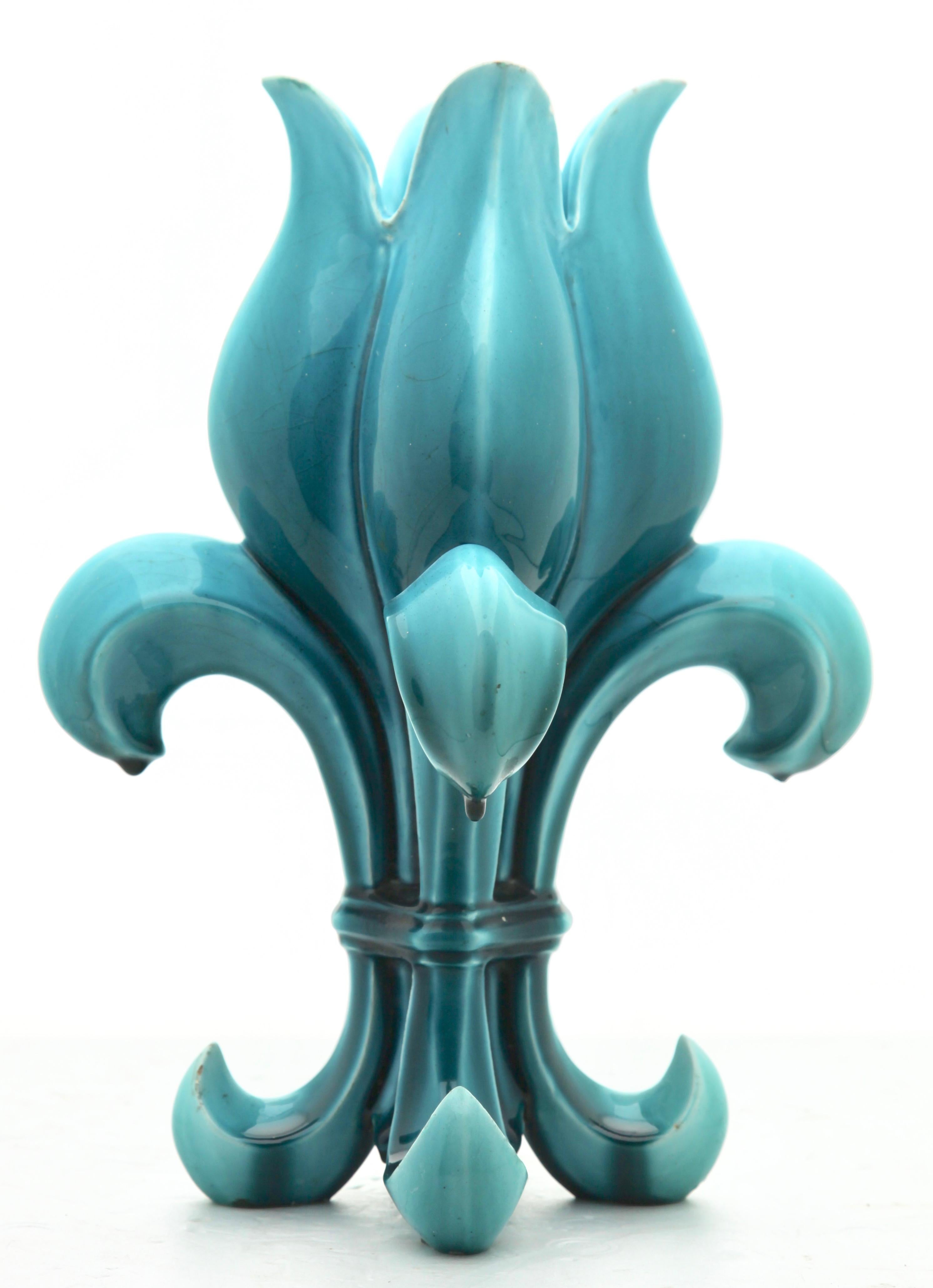 Early 20th Century Turquoise Majolica Fleur Lys Double Jerome Massier Vallauris