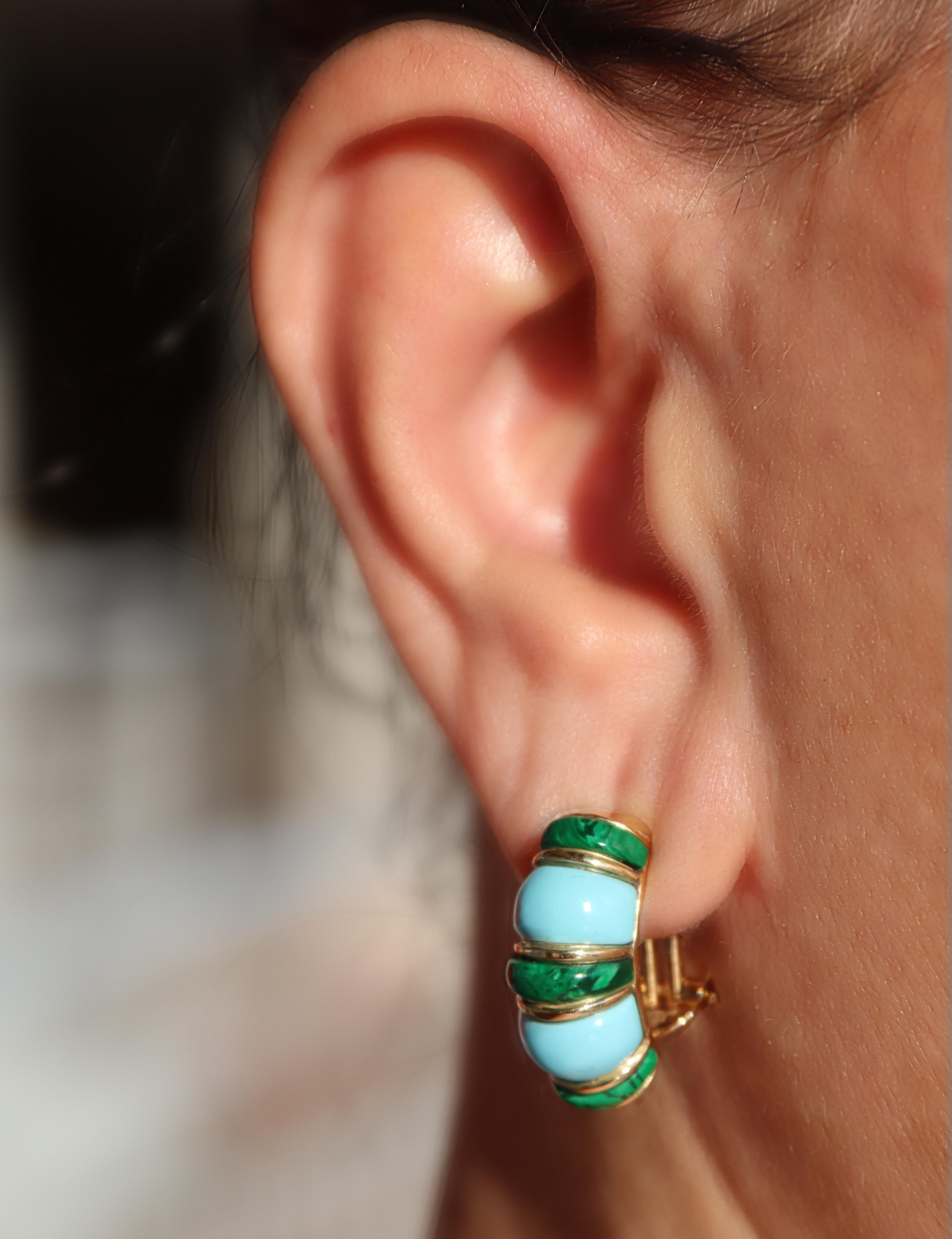 Orecchini a perno in oro giallo 18 carati con malachite e turchese in vendita 4