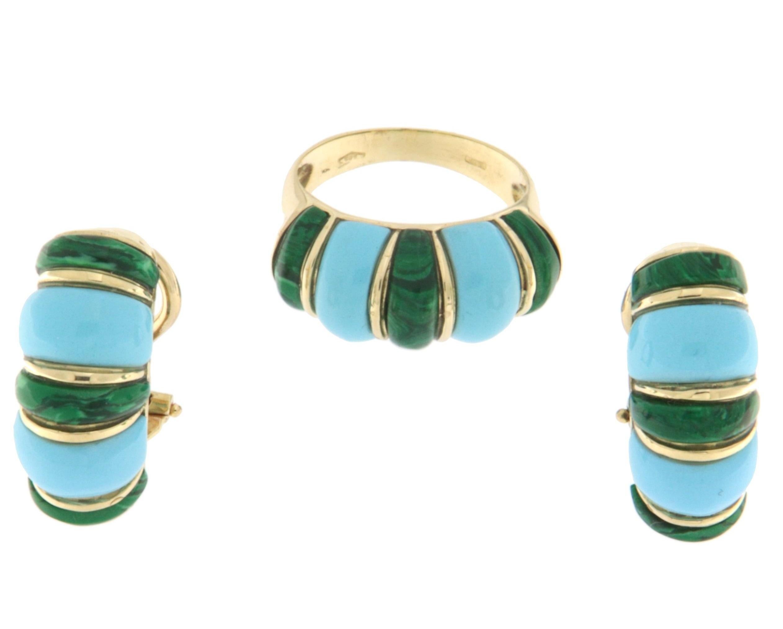 Orecchini a perno in oro giallo 18 carati con malachite e turchese In condizioni Nuovo in vendita a Marcianise, IT