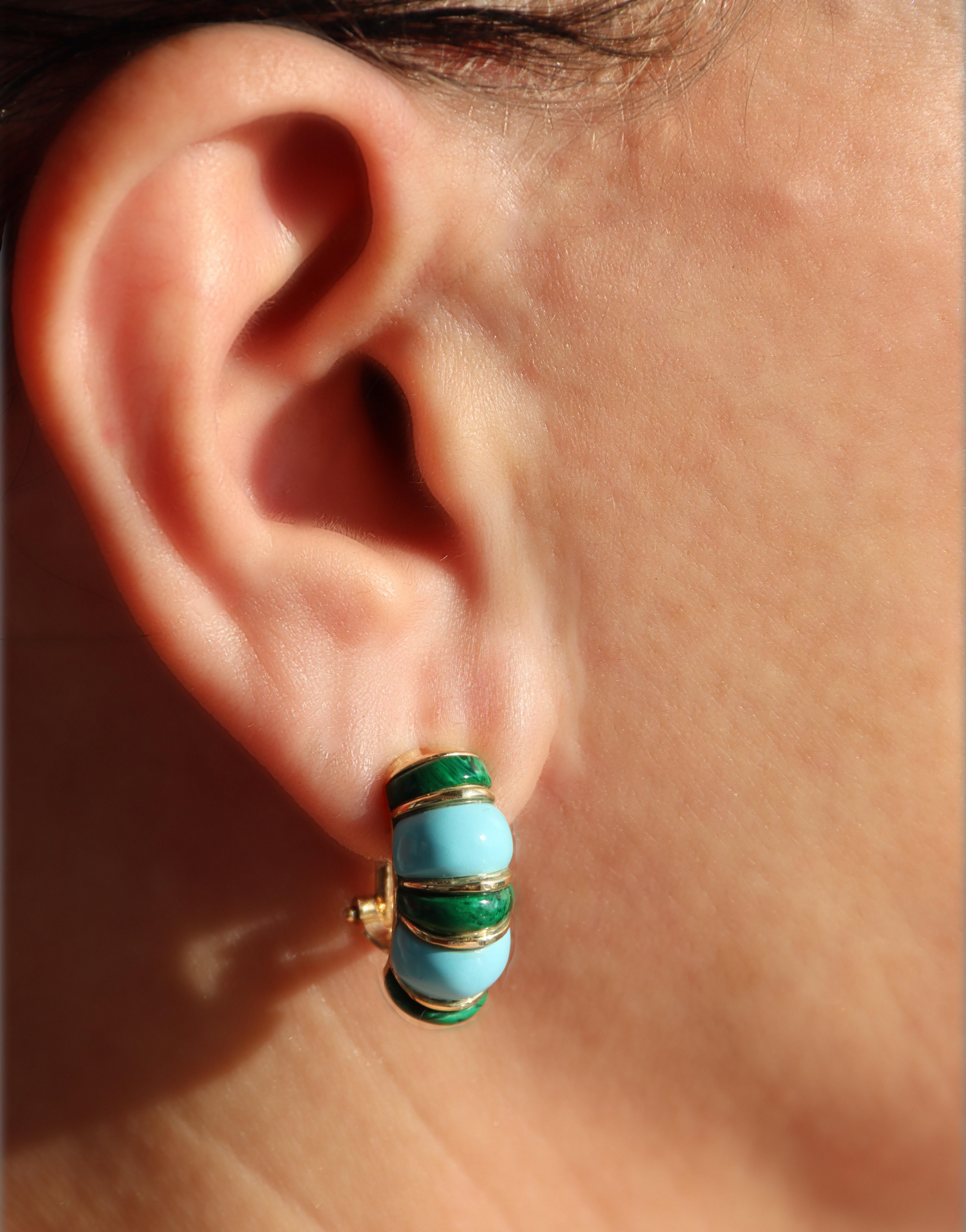 Orecchini a perno in oro giallo 18 carati con malachite e turchese in vendita 2