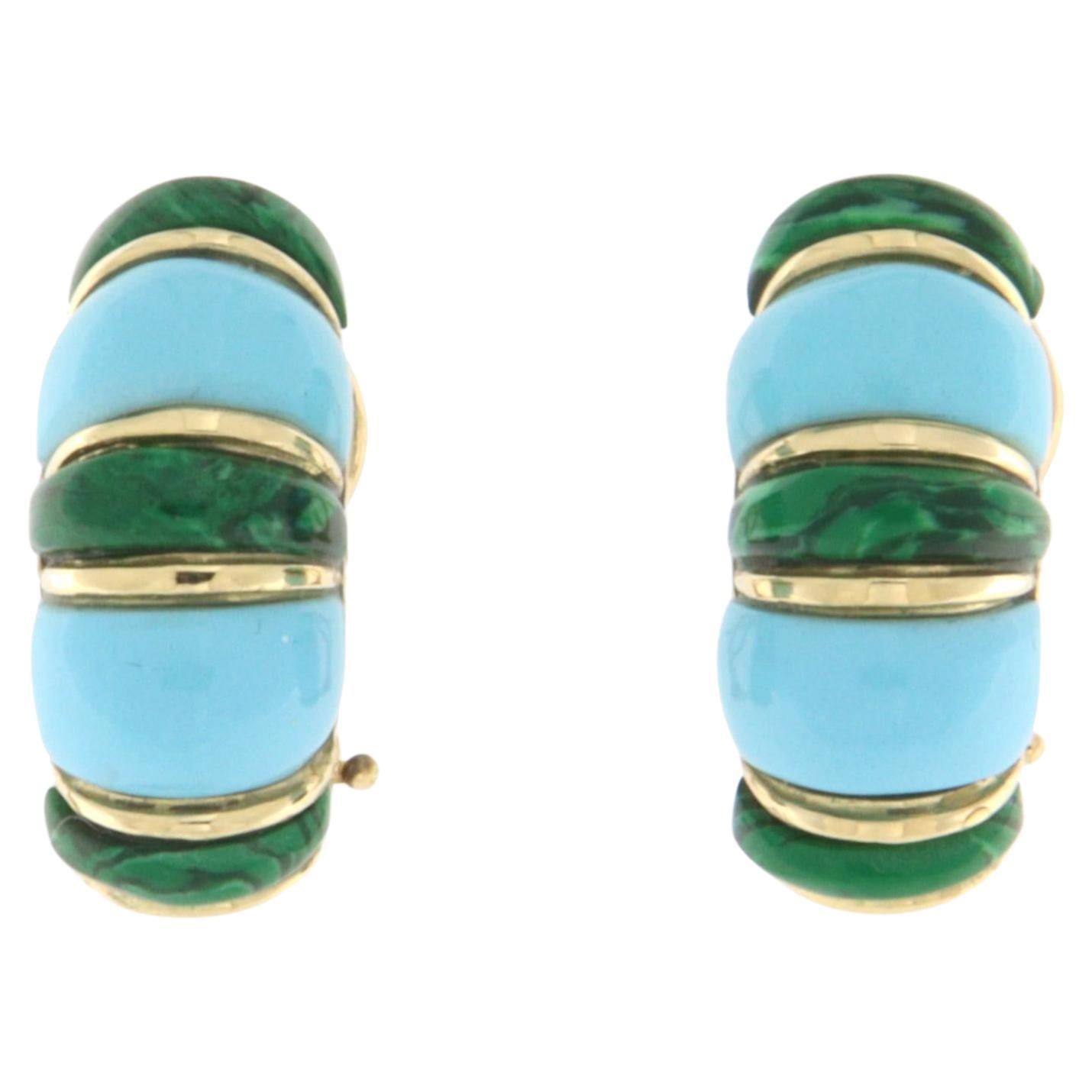 Orecchini a perno in oro giallo 18 carati con malachite e turchese in vendita
