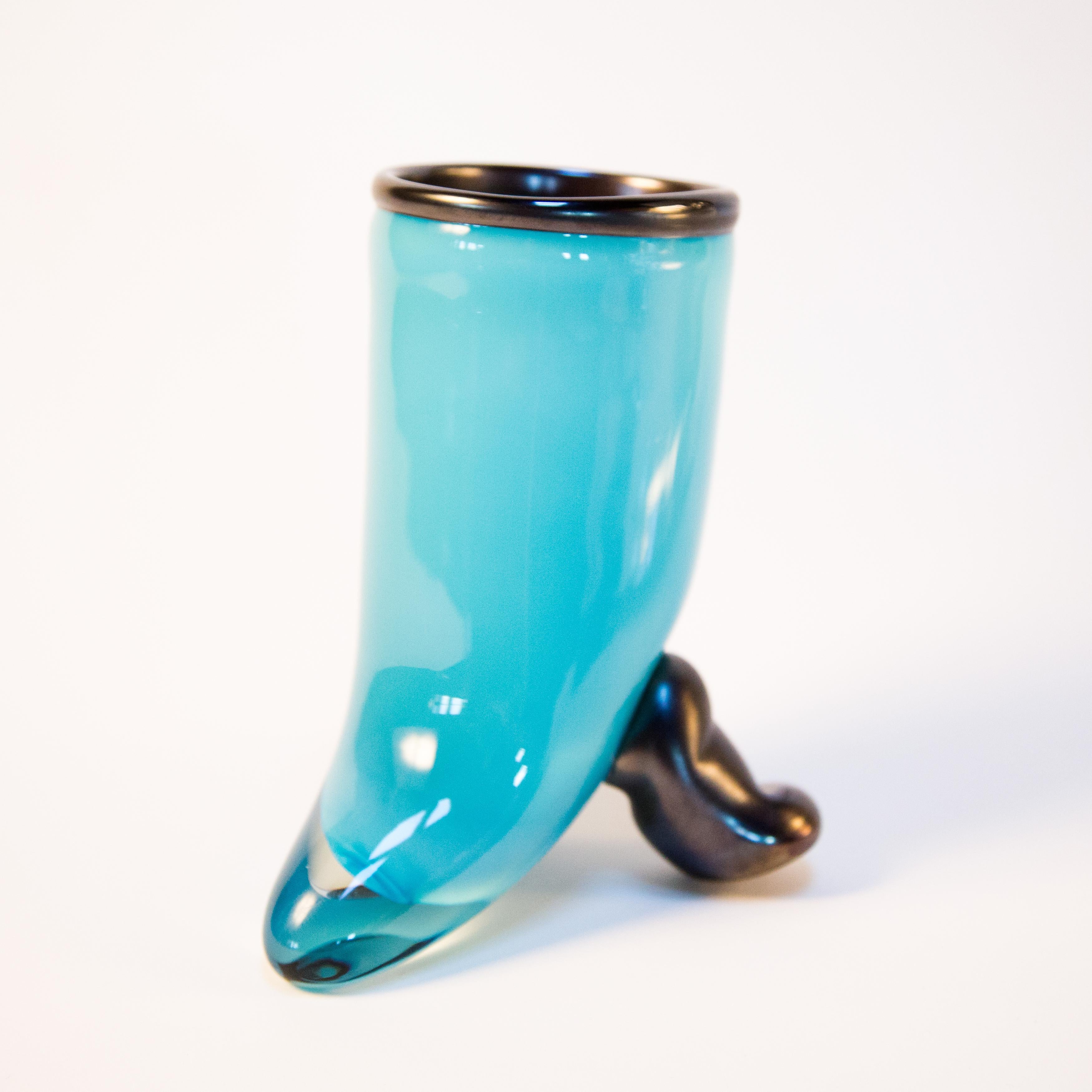 Hand-Crafted Turquoise Manga Mug Vases/Vessels Hand Blown Glass, Jordan Mozer, USA, 1992-2018 For Sale