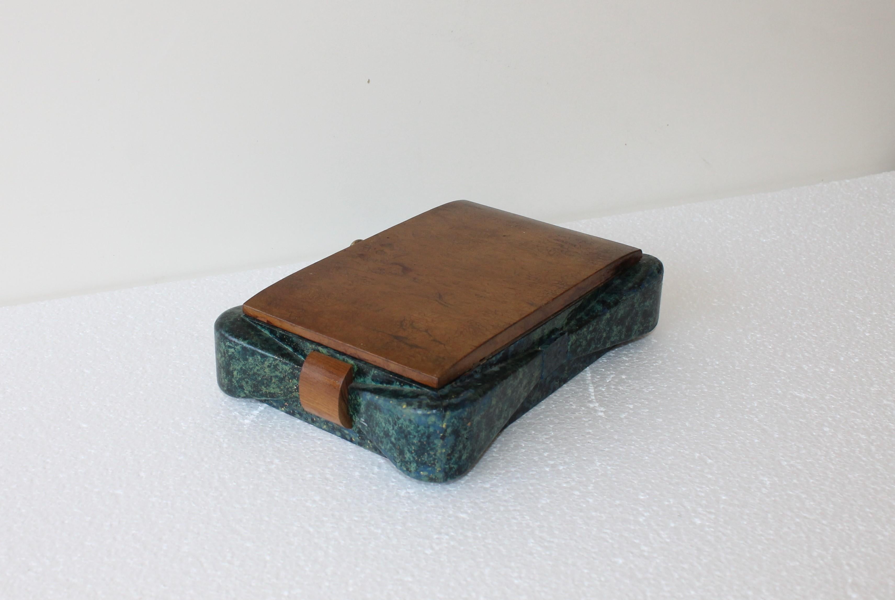 Painted Turquoise Marbled Wood and Naturel Wood Box, 1940s For Sale