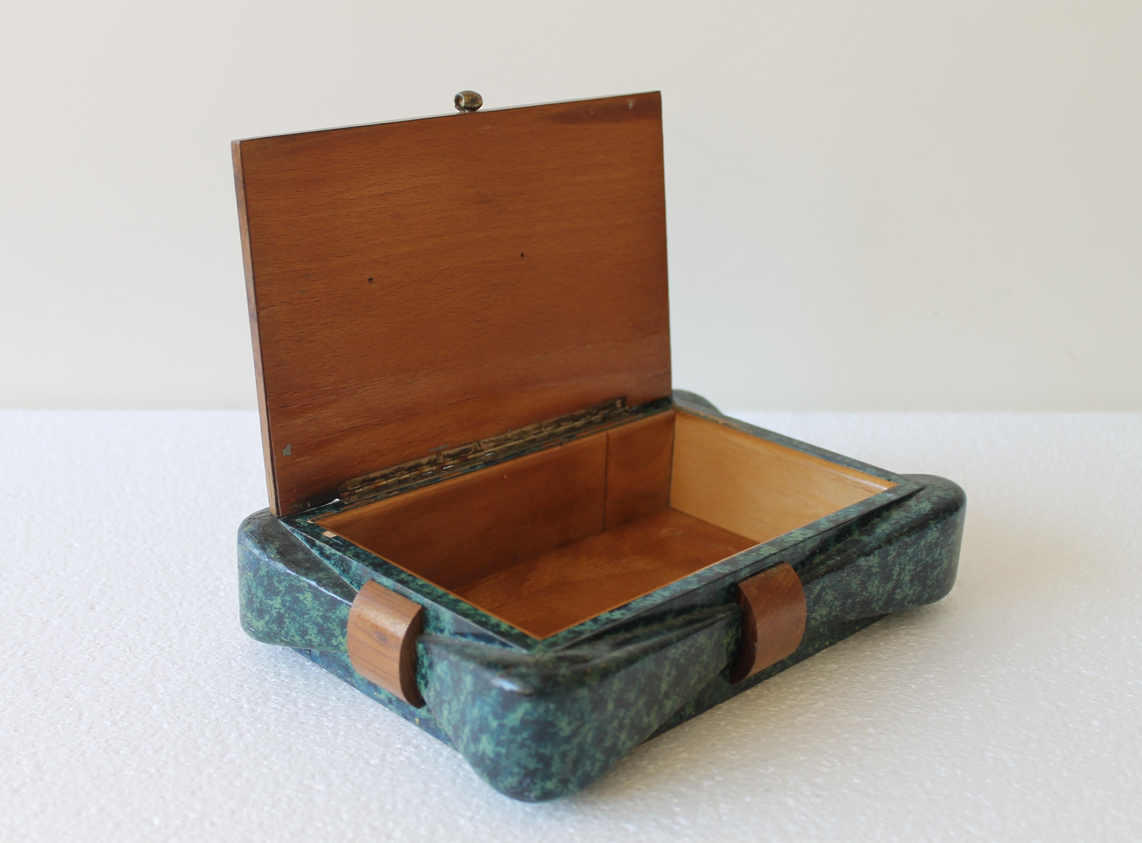 Mid-20th Century Turquoise Marbled Wood and Naturel Wood Box, 1940s For Sale