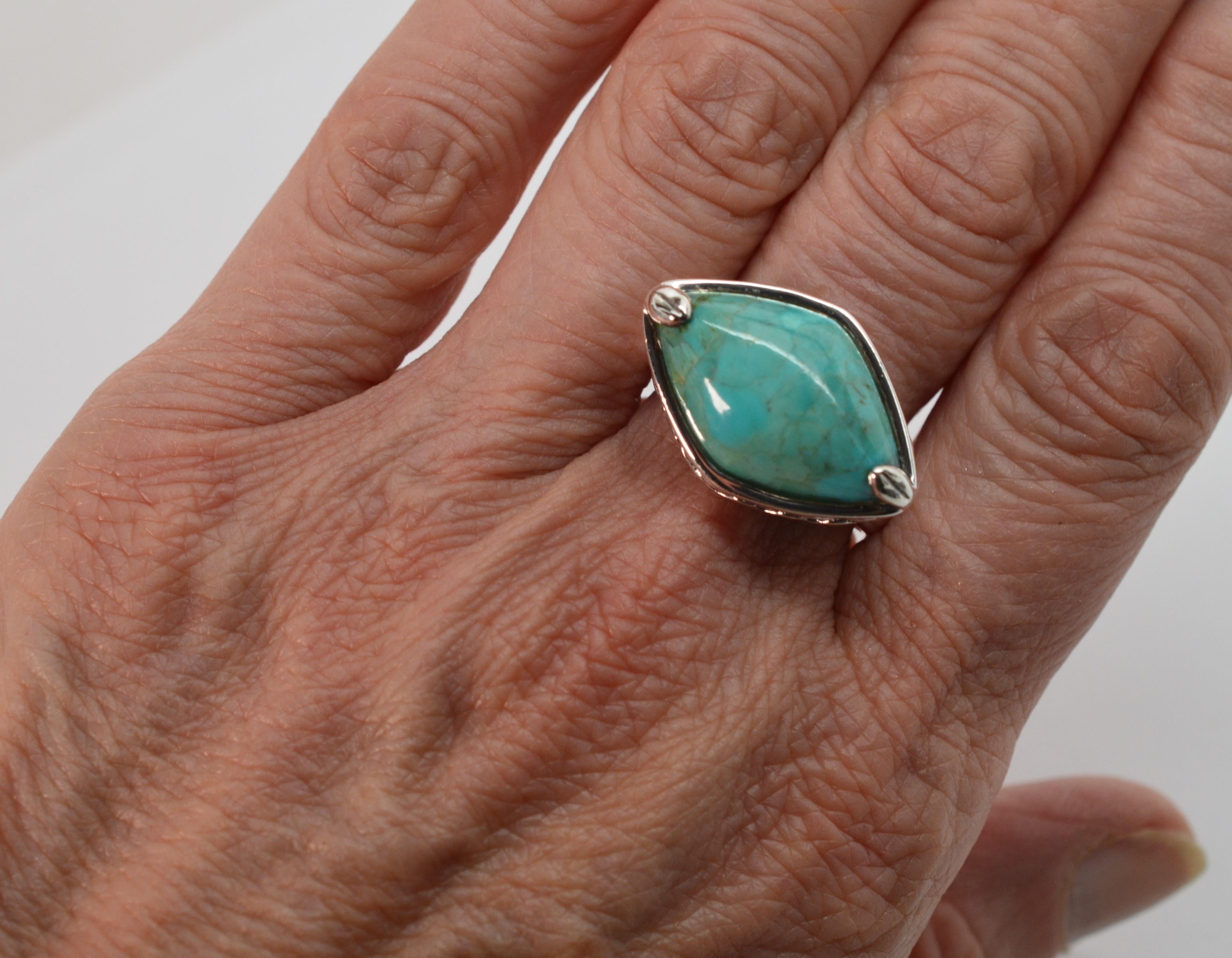 Turquoise Marquise Cabochon Sterling Silver Ring In Good Condition In Mount Kisco, NY