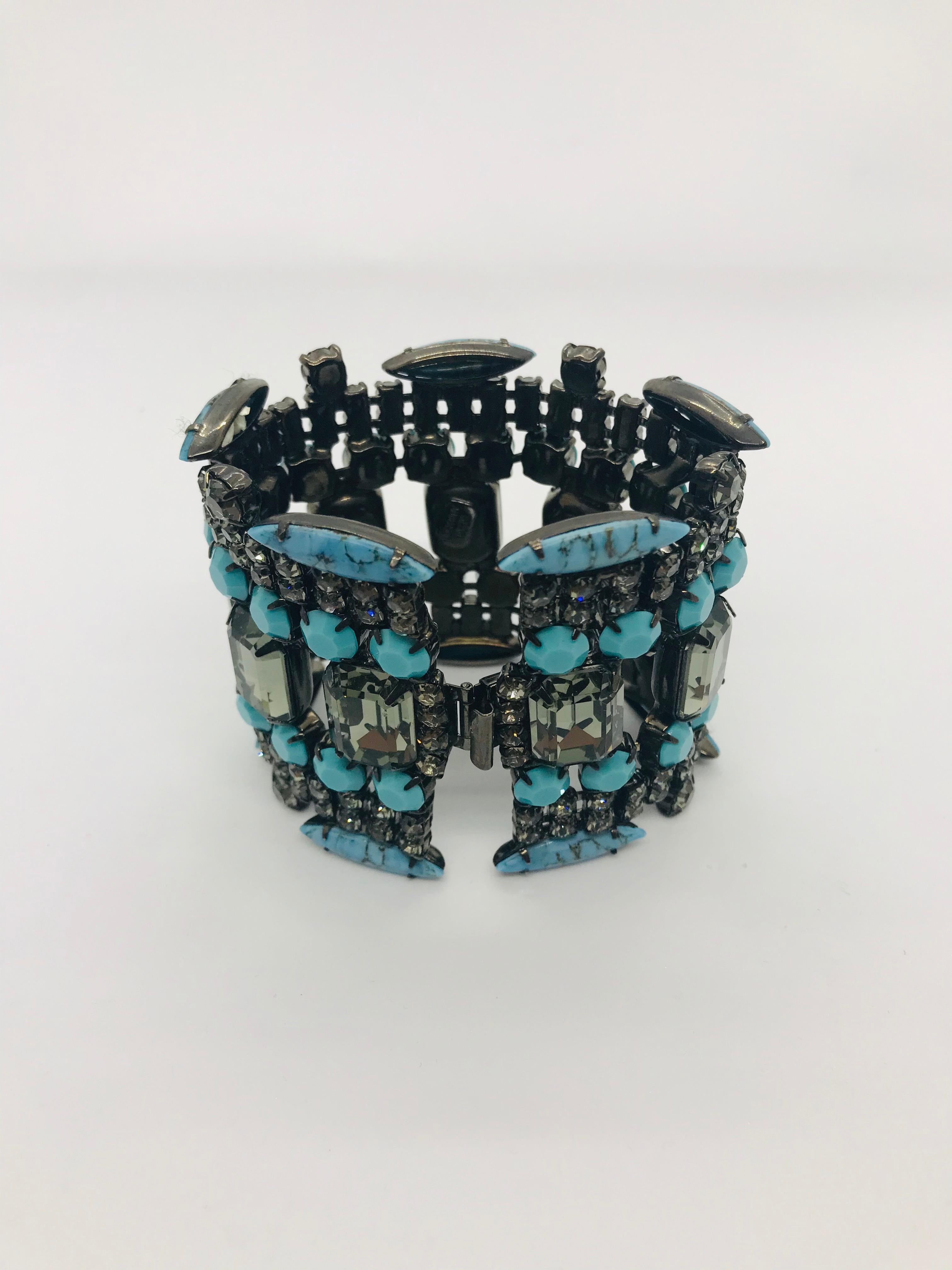 Art Deco Turquoise Matrix and Black Diamond Austrian Crystal Flex Cuff Bracelet For Sale