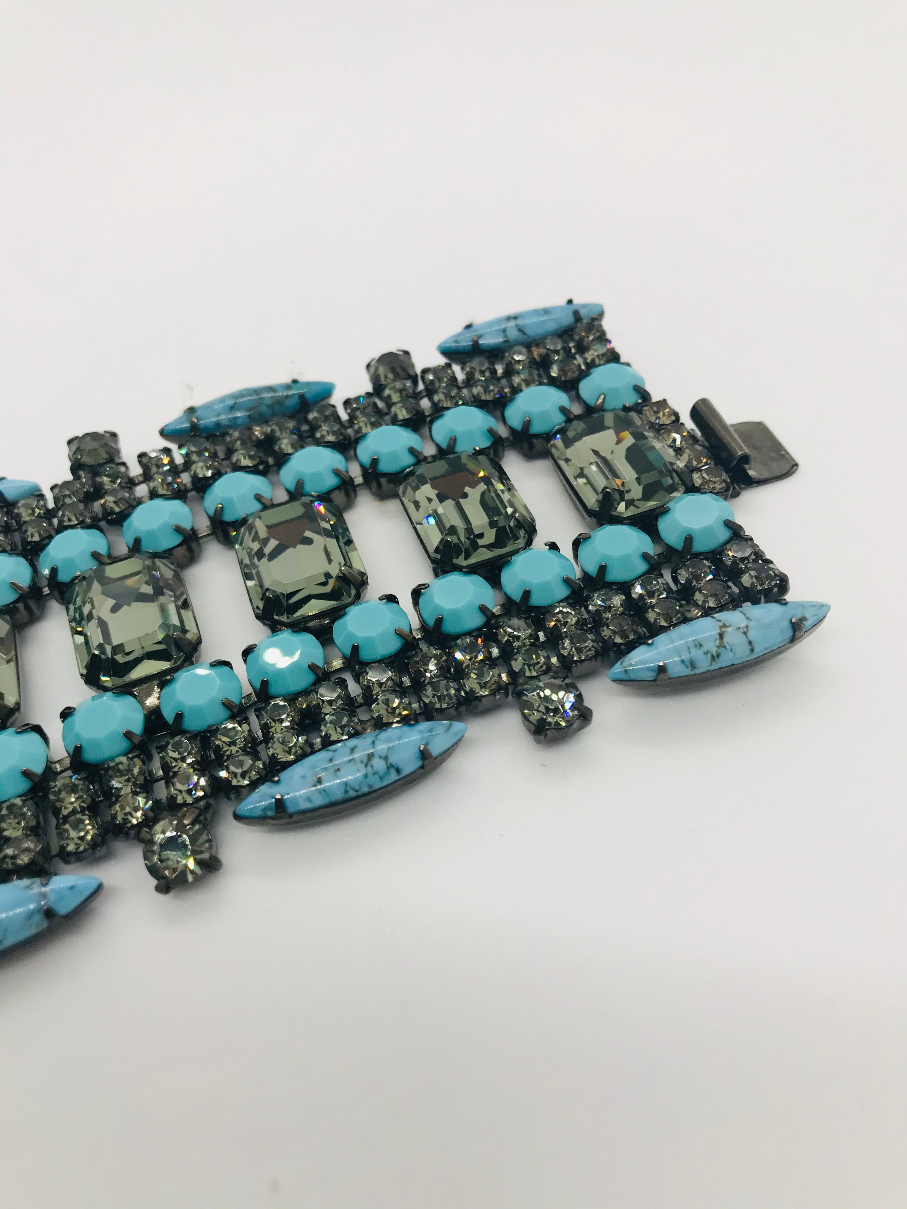 Cushion Cut Turquoise Matrix and Black Diamond Austrian Crystal Flex Cuff Bracelet For Sale