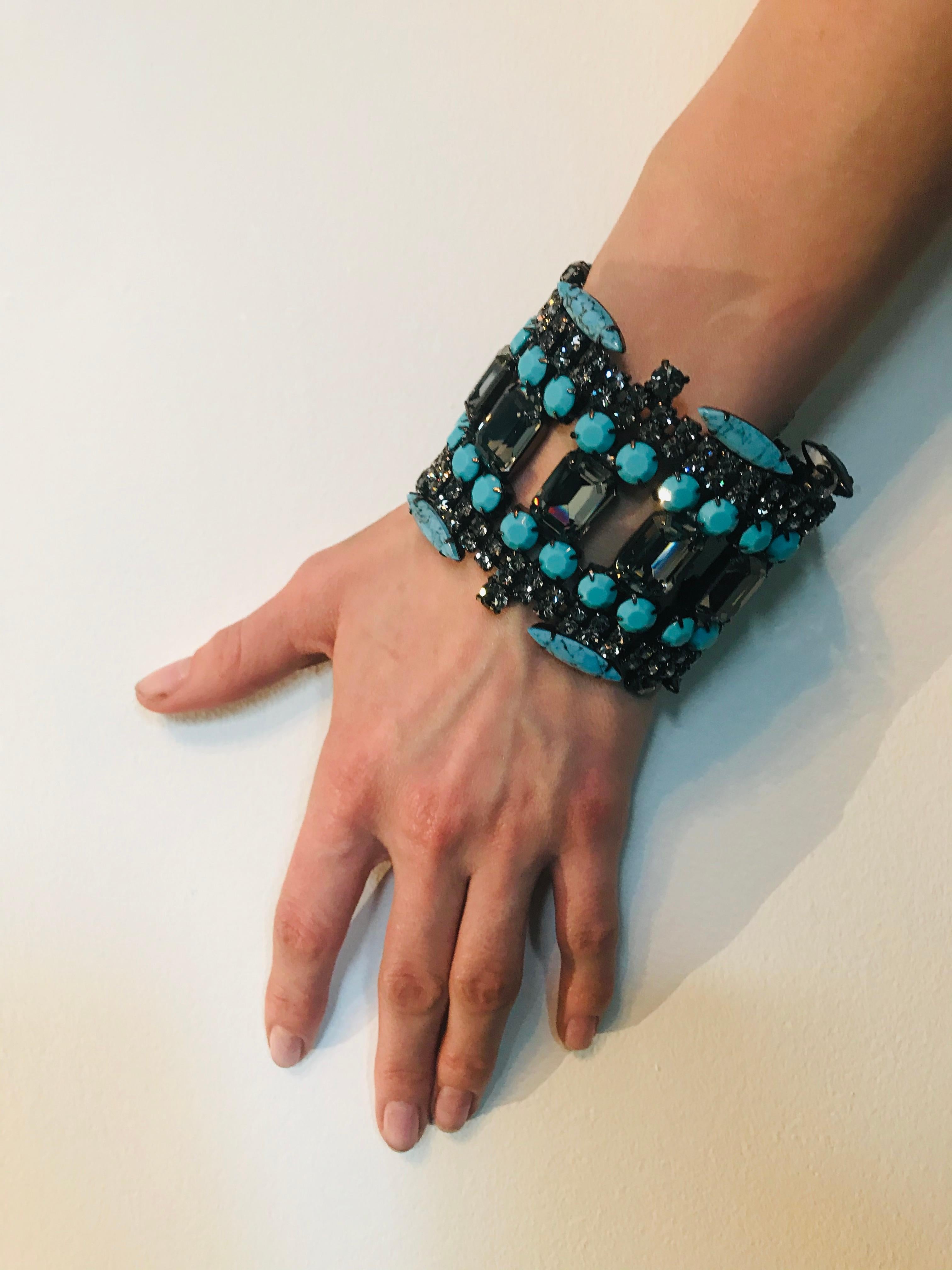 Turquoise Matrix and Black Diamond Austrian Crystal Flex Cuff Bracelet In New Condition For Sale In Toronto, CA