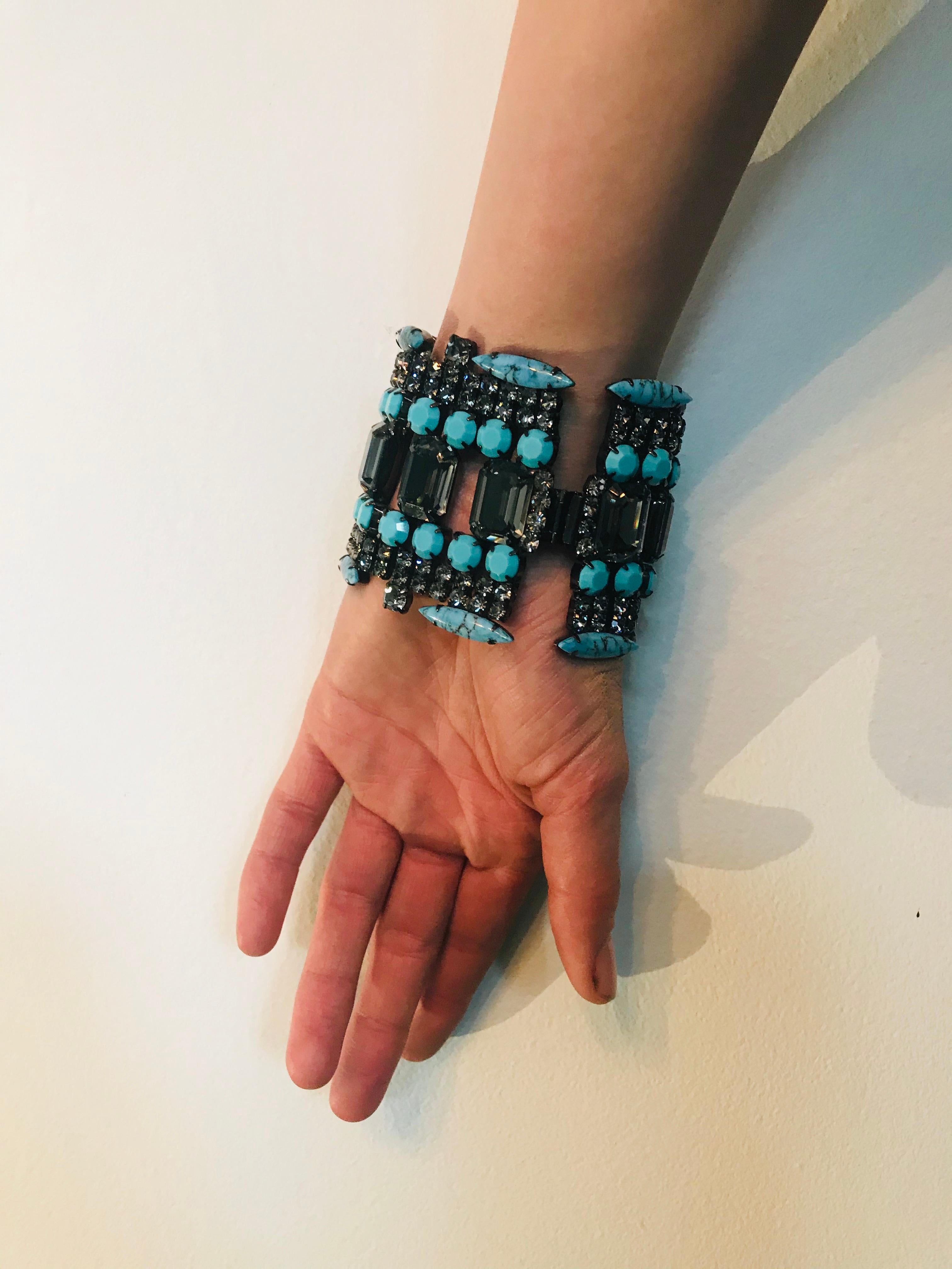Women's Turquoise Matrix and Black Diamond Austrian Crystal Flex Cuff Bracelet For Sale