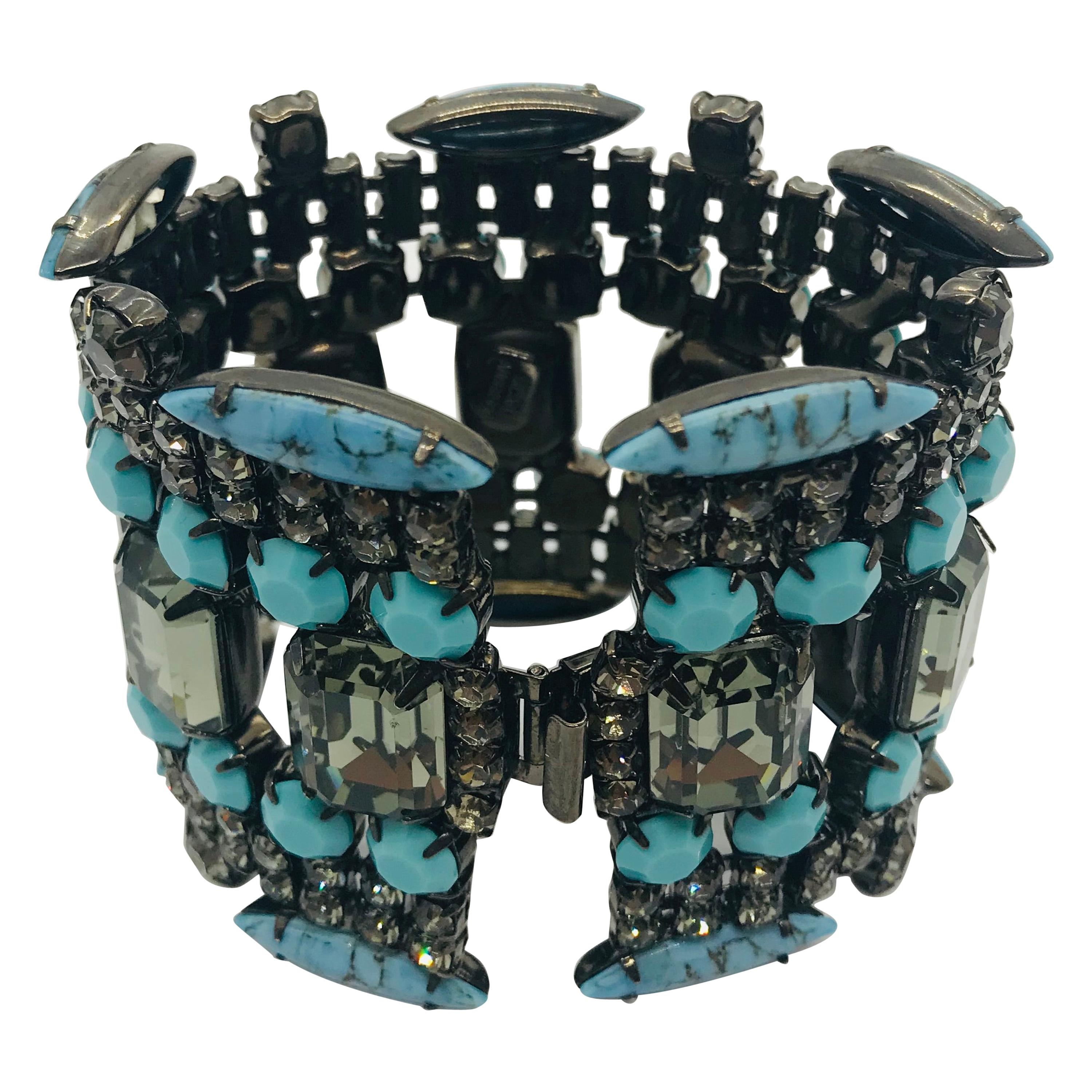 Turquoise Matrix and Black Diamond Austrian Crystal Flex Cuff Bracelet For Sale