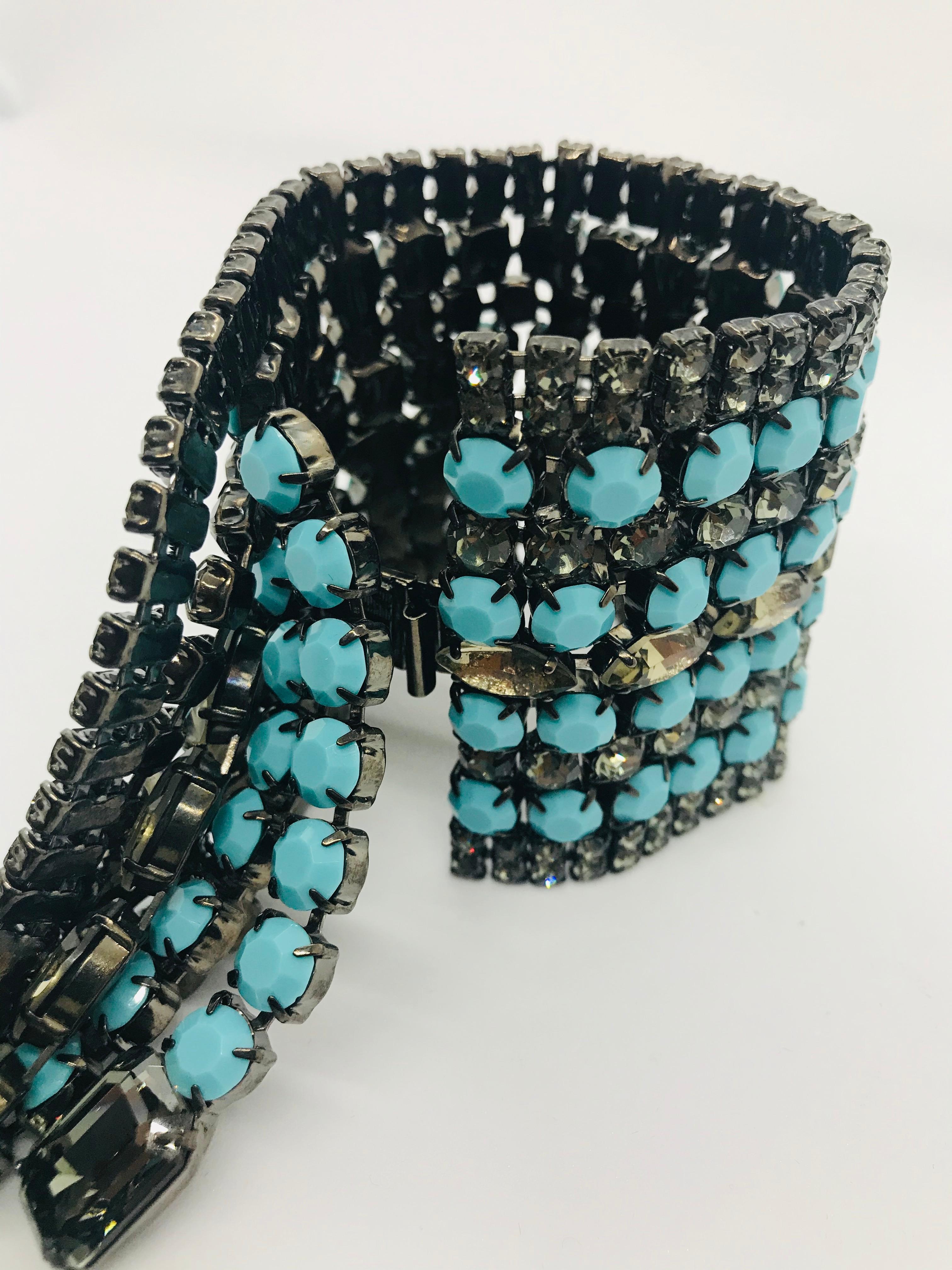 Art Deco Turquoise Matrix and Black Diamond Austrian Crystal Fringe 