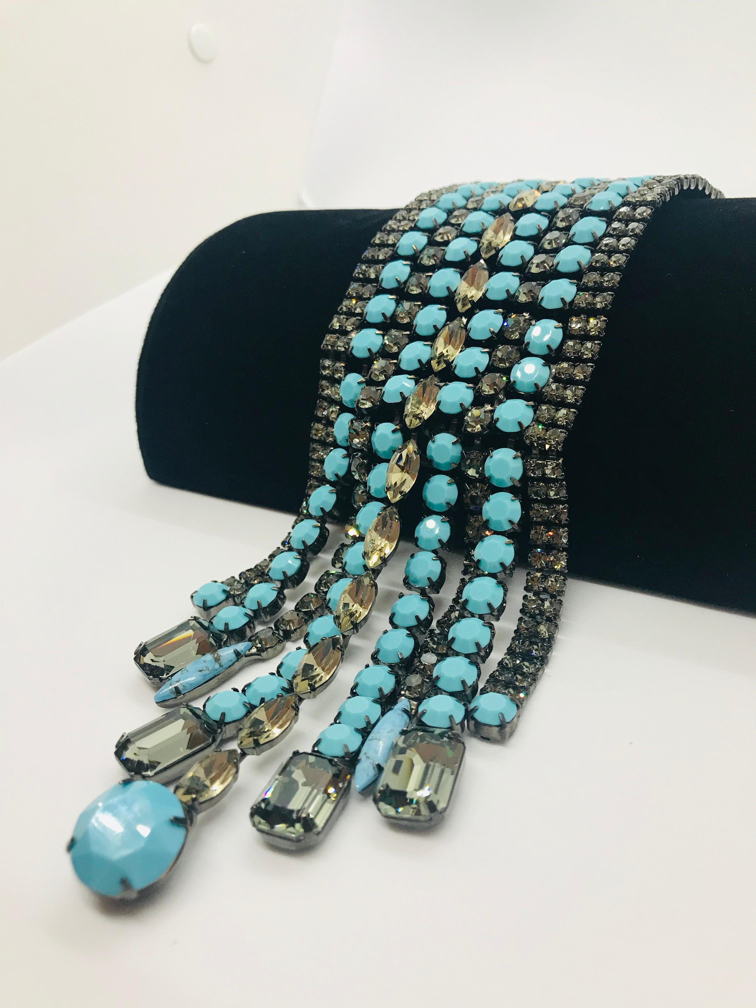 Women's Turquoise Matrix and Black Diamond Austrian Crystal Fringe 
