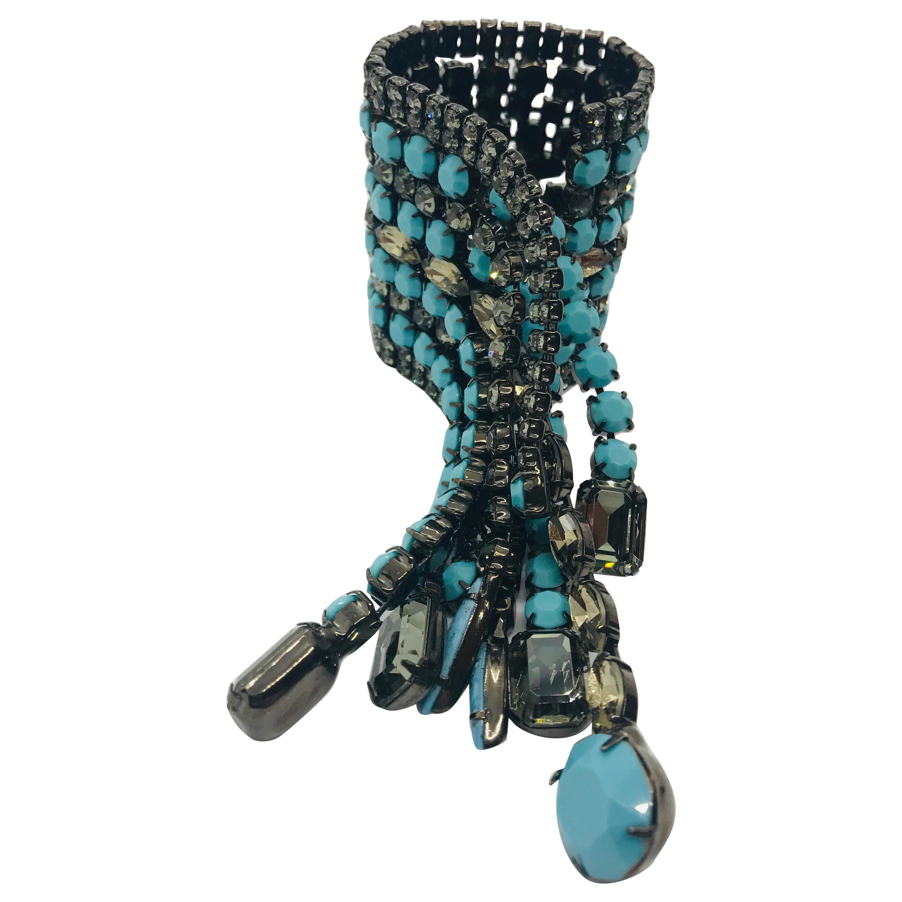 Turquoise Matrix and Black Diamond Austrian Crystal Fringe "Cab Hailer" Bracelet For Sale