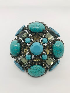 Turquoise Matrix and Black Diamond Austrian Crystal "Maltese Cross Brooch"