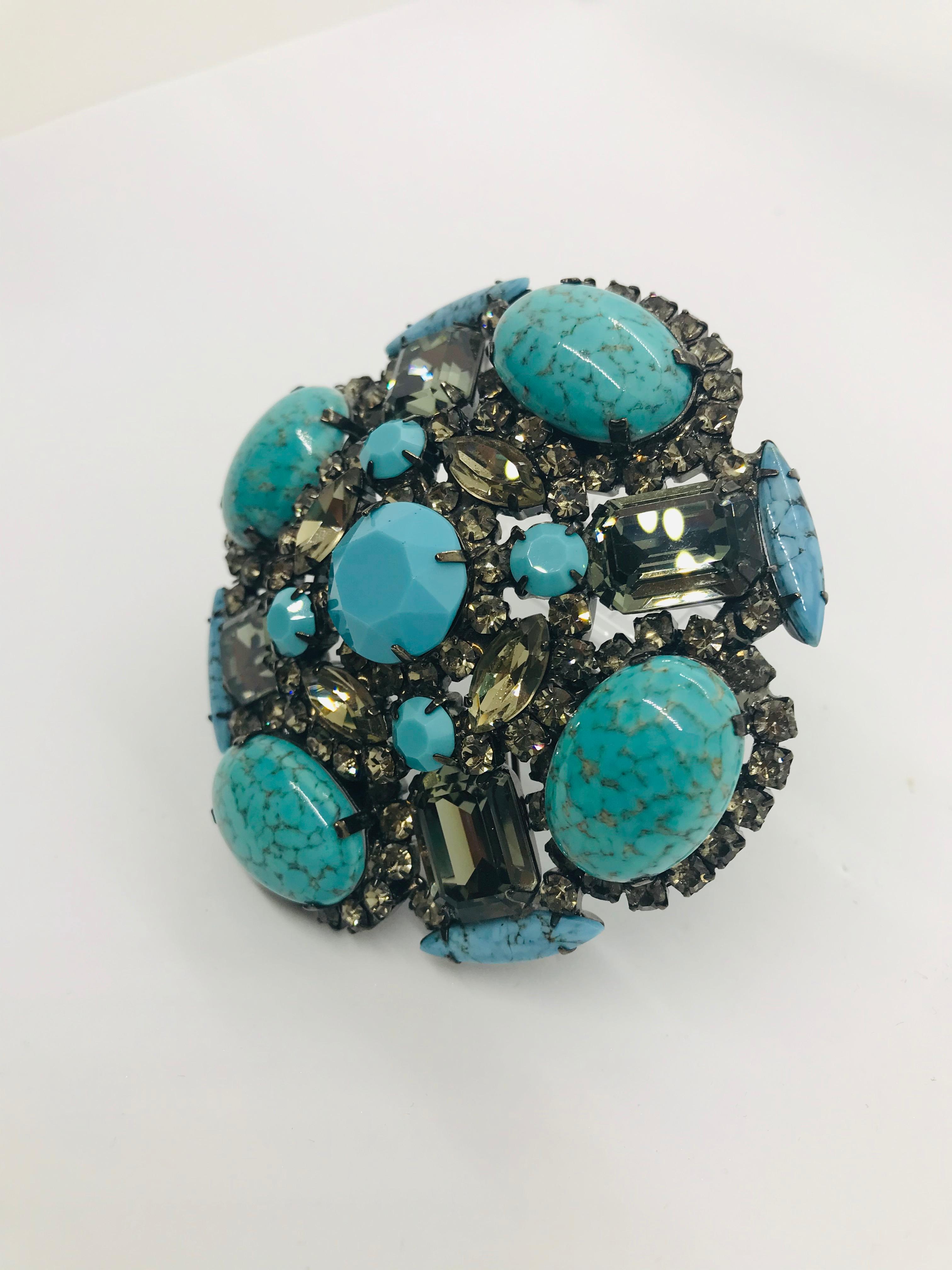 Art Deco Turquoise Matrix and Black Diamond Austrian Crystal 