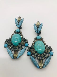 Turquoise Matrix and Black Diamond Austrian Crystal Pendant Drop Earrings