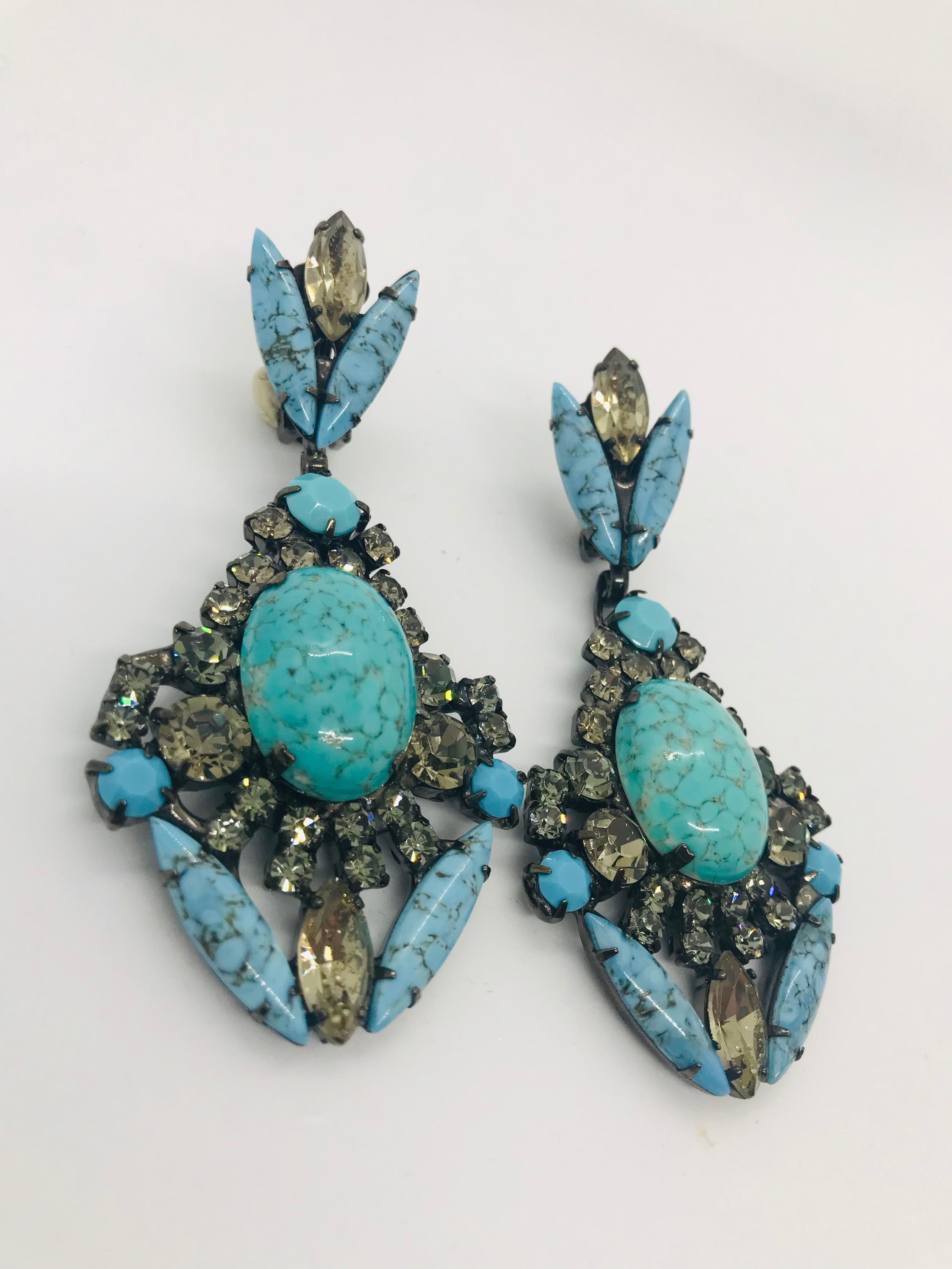 Art Nouveau Turquoise Matrix and Black Diamond Austrian Crystal Pendant Drop Earrings For Sale