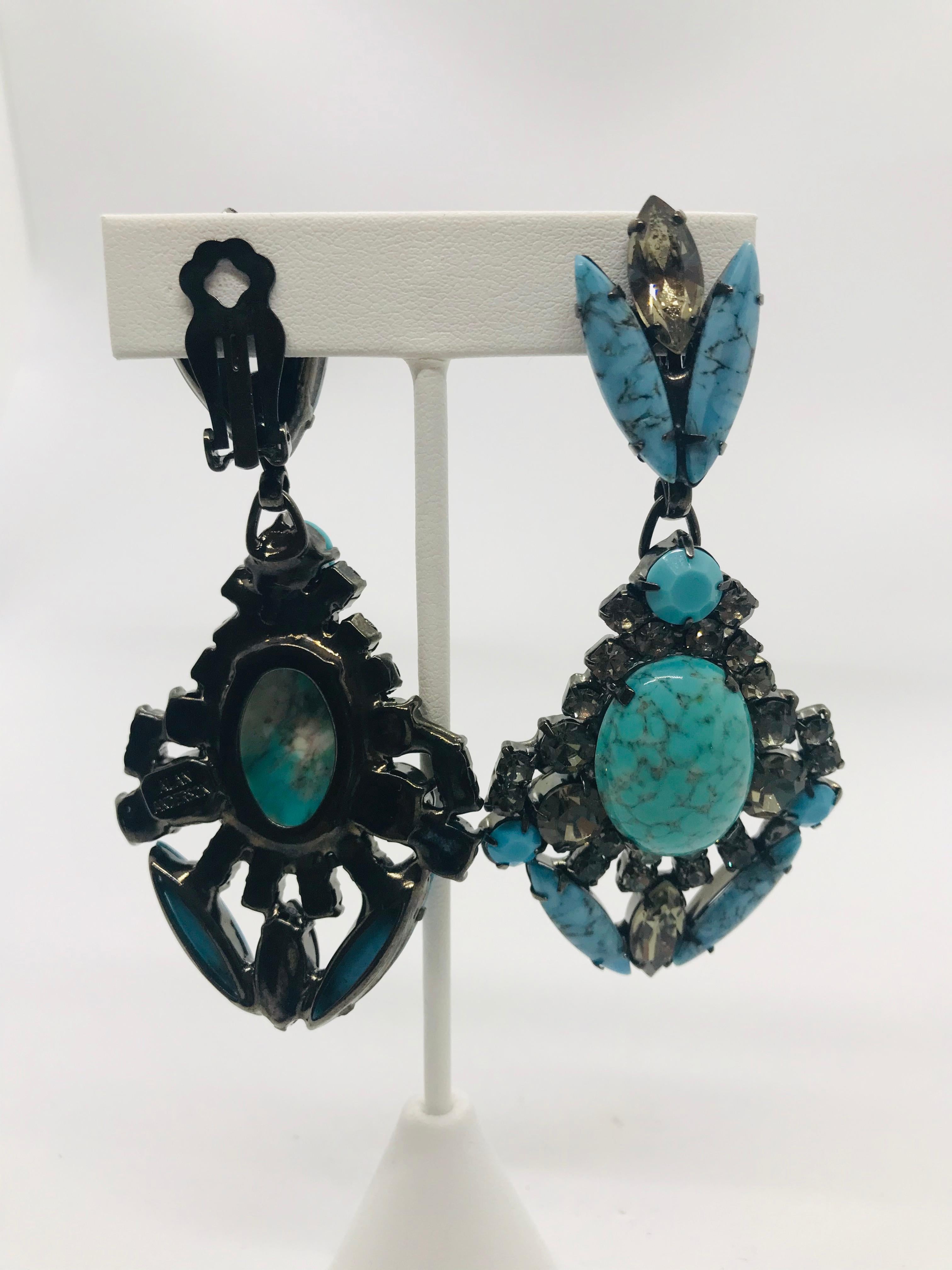Oval Cut Turquoise Matrix and Black Diamond Austrian Crystal Pendant Drop Earrings For Sale